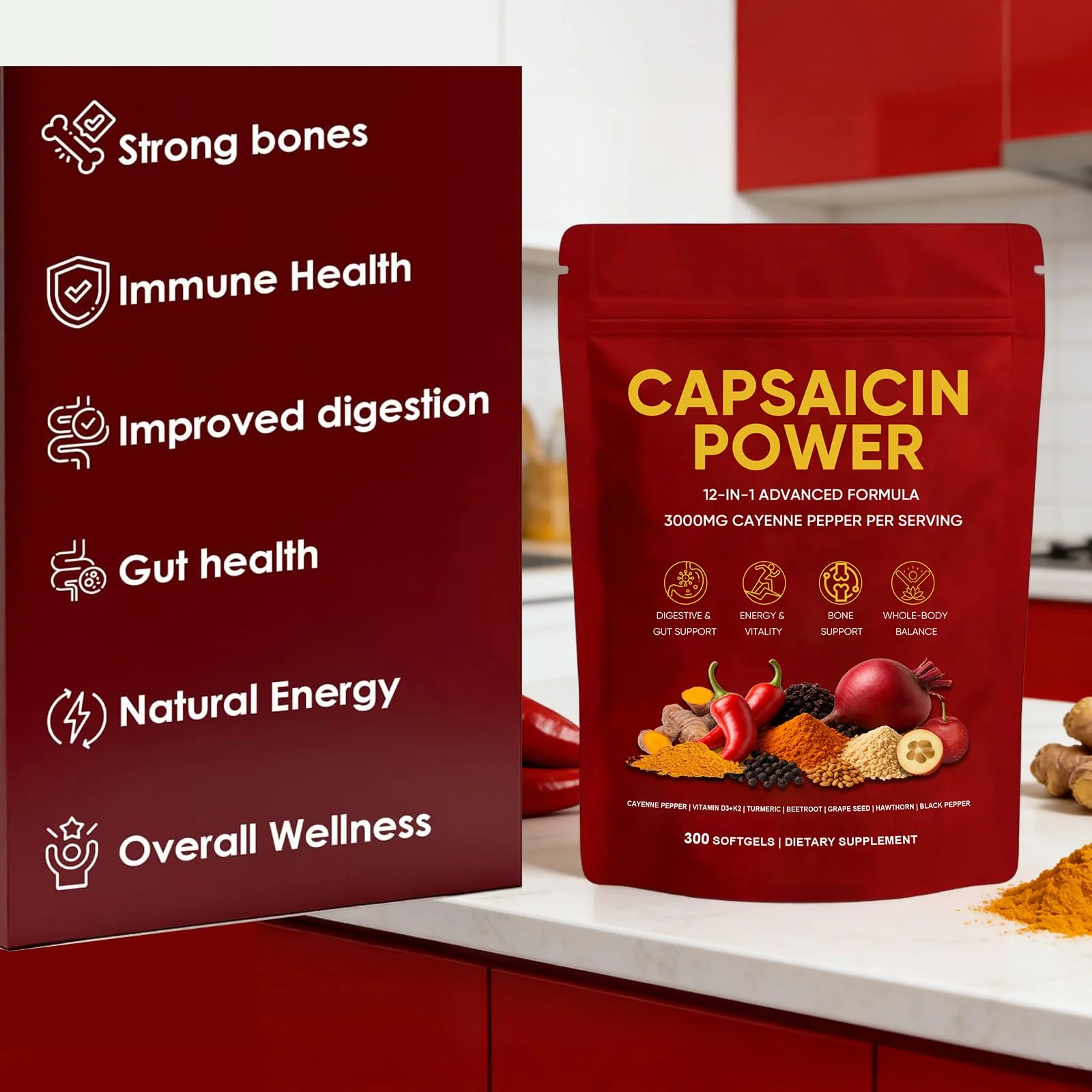 GXSAE Capsaicin Power - Cayenne Pepper Softgels Supplement, Supports Leg Vein, Digestive & Gut Health, with Vitamin D3+K2, Beetroot, Grape Seed and Other Extracts, 300 Capsules (1) - Image 7