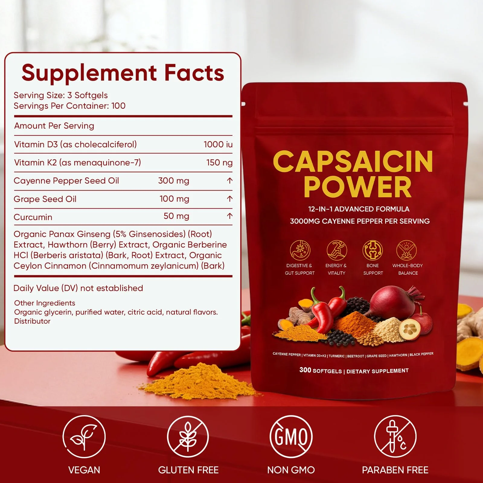 GXSAE Capsaicin Power - Cayenne Pepper Softgels Supplement, Supports Leg Vein, Digestive & Gut Health, with Vitamin D3+K2, Beetroot, Grape Seed and Other Extracts, 300 Capsules (1) - Image 8
