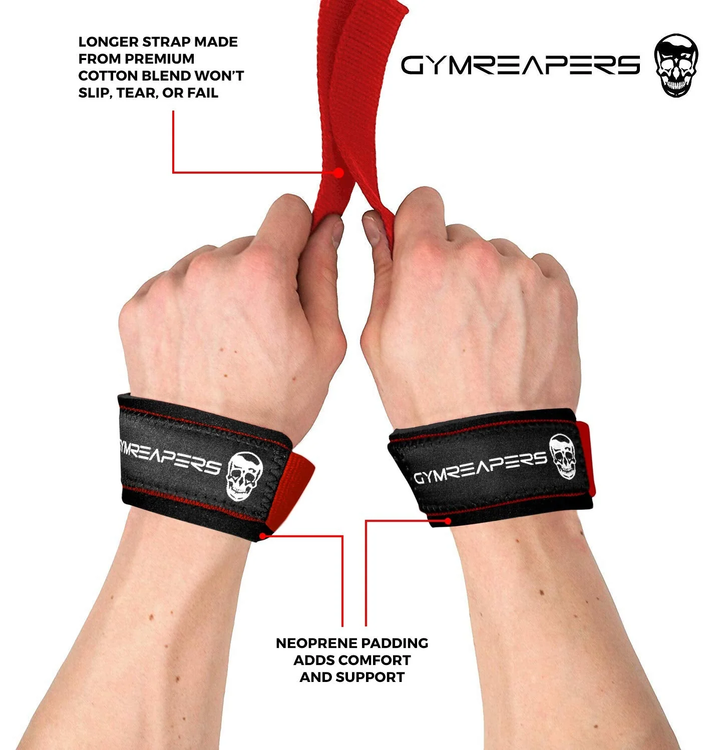 Gymreapers Lifting Wrist Straps for Weightlifting, Bodybuilding, Powerlifting, Strength Training, & Deadlifts - Padded Neoprene with 18" Cotton (Red) - Image 8