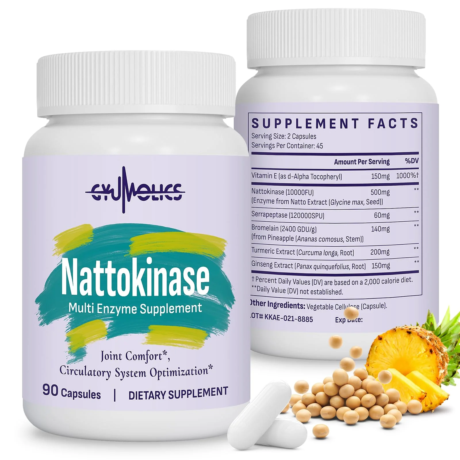 Gyumolics Nattokinase 10000FU, Nattokinase Supplement Organic, Serrapeptase, Bromelain, Curcumin, Vitamin E & Ginseng, Movement Comfort, 180 Capsules