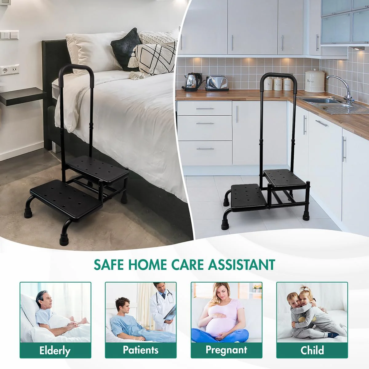Gyykzz 2 Step Stool with Handle and Non-Slid Platform, Medical Step Stool with Adjustable Handrail for Adults, Seniors and Handicap, Heavy Duty Multifunctional Stepping Ladder Holds up to 400LBS - Image 2