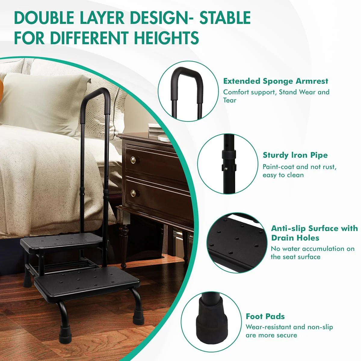 Gyykzz 2 Step Stool with Handle and Non-Slid Platform, Medical Step Stool with Adjustable Handrail for Adults, Seniors and Handicap, Heavy Duty Multifunctional Stepping Ladder Holds up to 400LBS - Image 5