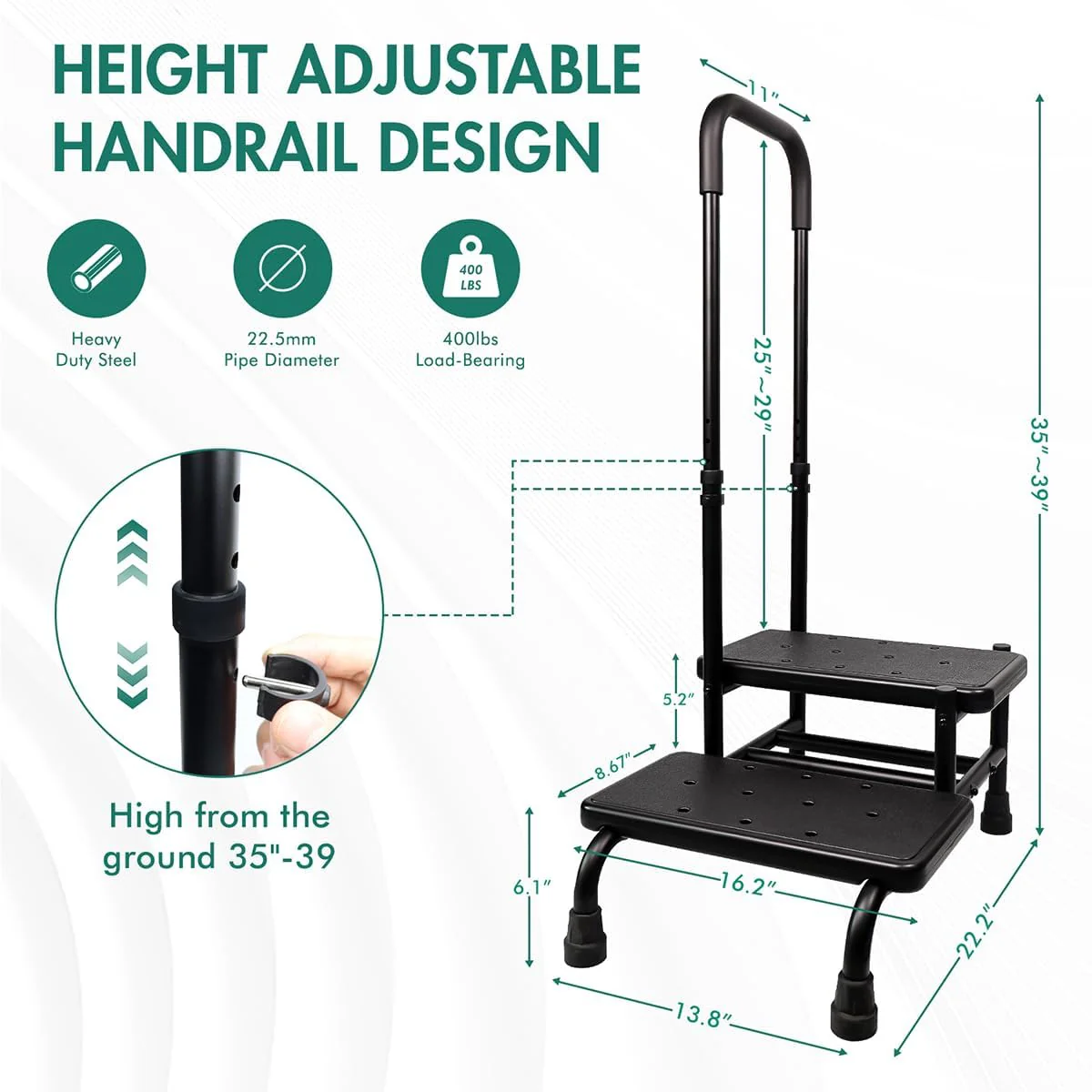 Gyykzz 2 Step Stool with Handle and Non-Slid Platform, Medical Step Stool with Adjustable Handrail for Adults, Seniors and Handicap, Heavy Duty Multifunctional Stepping Ladder Holds up to 400LBS - Image 7