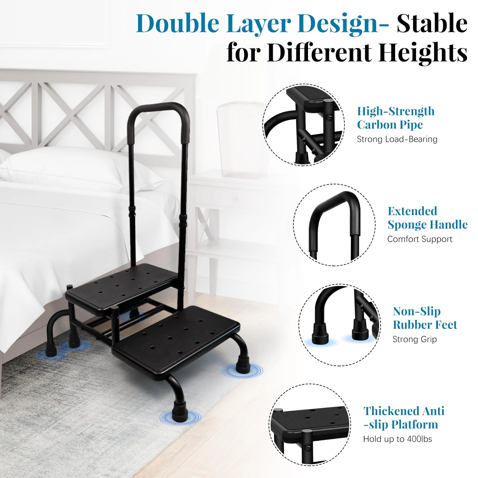 Gyykzz 2 Step Stool with Handle, Upgrade Heavy Duty Stepping Stool with 5 Legs, Step Stool for High Beds with Adjustable Handle and Non-Slip Platform for High Beds/Bathtub/Kitchen - Image 4