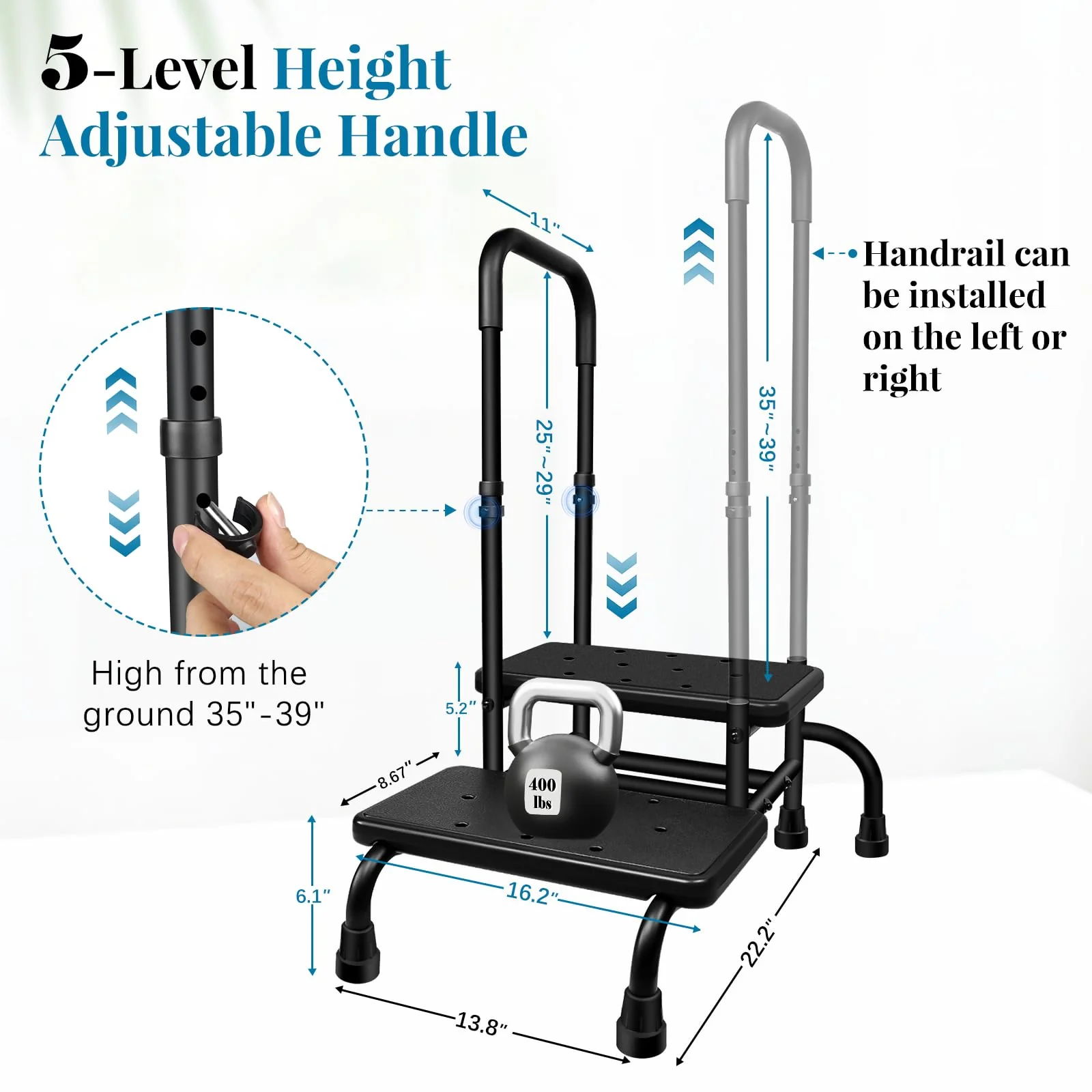 Gyykzz 2 Step Stool with Handle, Upgrade Heavy Duty Stepping Stool with 5 Legs, Step Stool for High Beds with Adjustable Handle and Non-Slip Platform for High Beds/Bathtub/Kitchen - Image 5