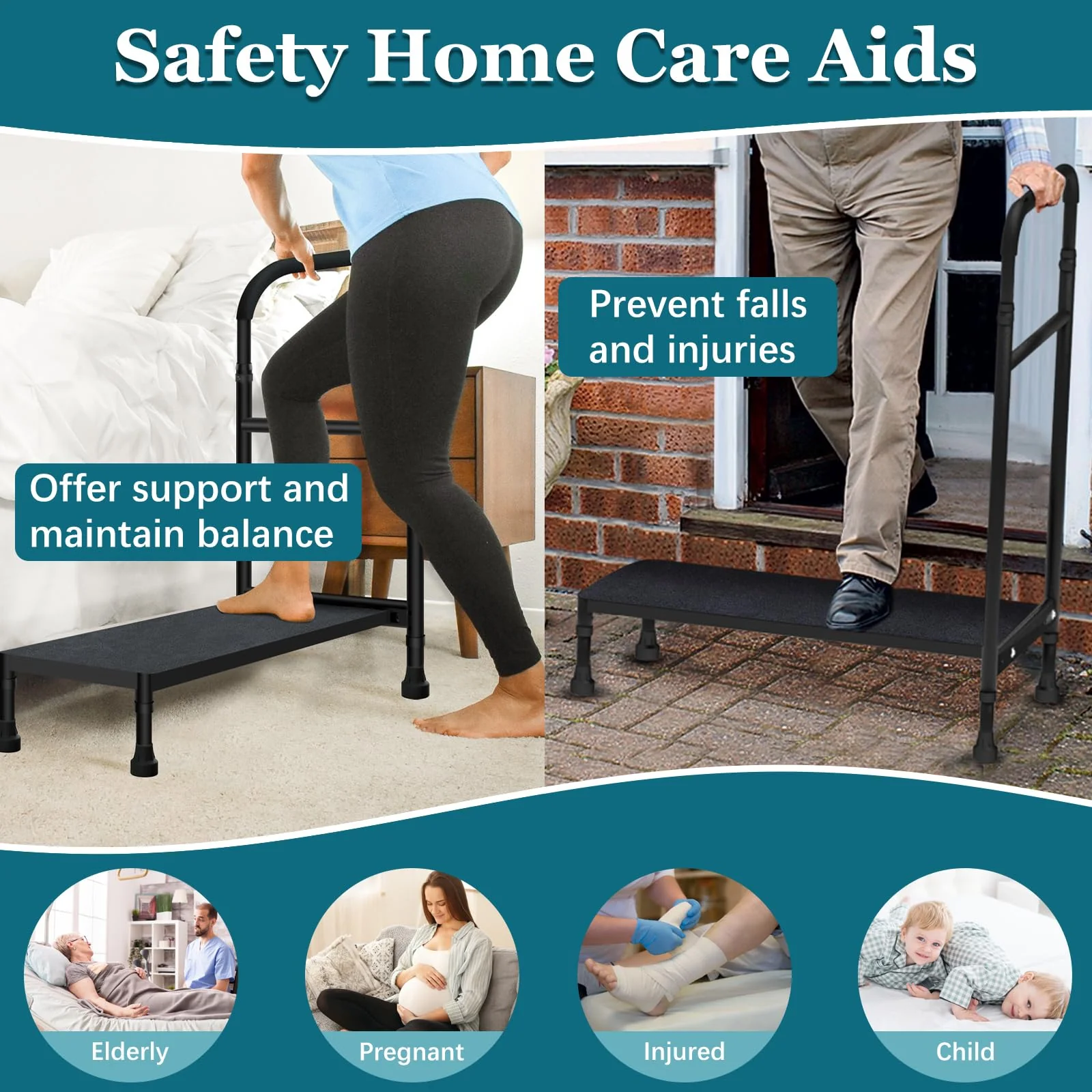 Gyykzz Step Stool with Handle, 30.5" Long Step Stools for High Beds/Bathtub/Kitchen, Height Adjustable Step Stool with Handle and Non-Skid Platform, Heavy Duty Stepping Stool Holds up to 400 lbs - Image 3