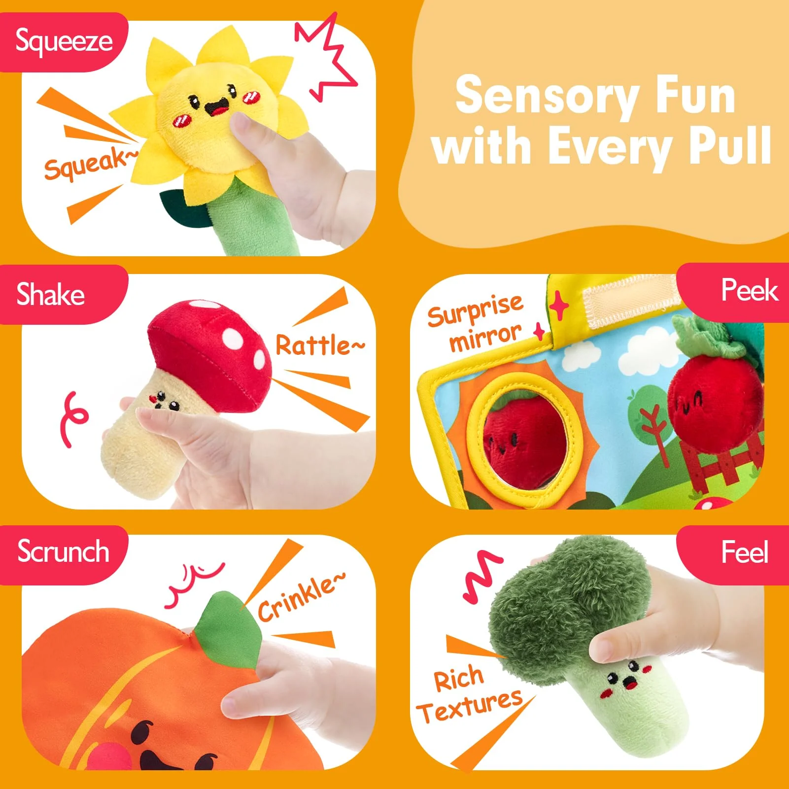 hahaland Baby Toys 6-12 Months - Fruits Vegetables Garden Plant Plush - 6 Month Old Toys Montessori Sensory Toy Carrot Flower with Rattles Mirror Squeaker Textures Crinkle Tissues Christmas Baby Gifts - Image 7