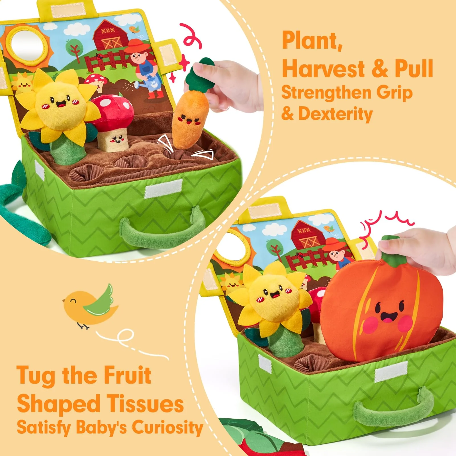 hahaland Baby Toys 6-12 Months - Fruits Vegetables Garden Plant Plush - 6 Month Old Toys Montessori Sensory Toy Carrot Flower with Rattles Mirror Squeaker Textures Crinkle Tissues Christmas Baby Gifts - Image 8