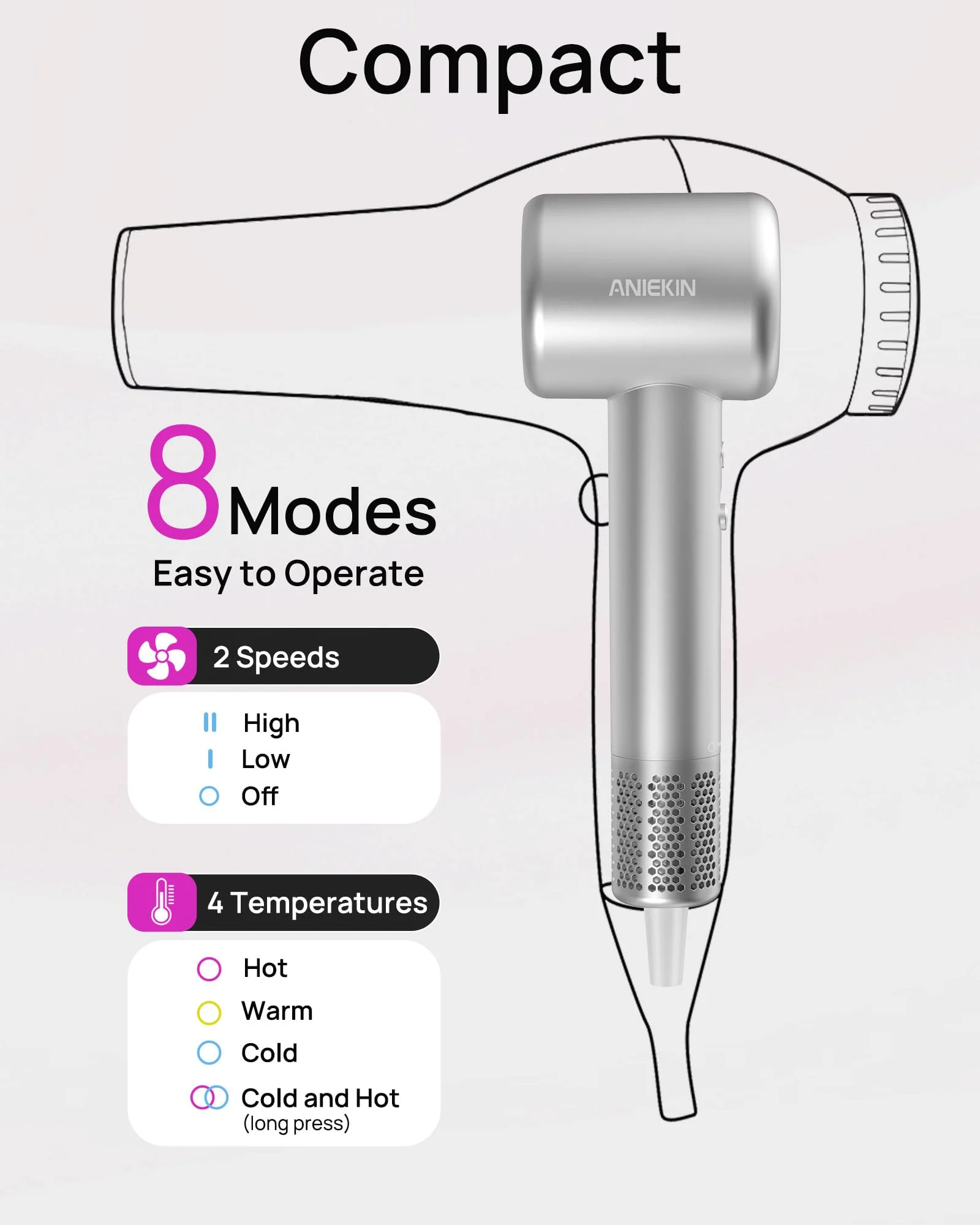 Hair Dryer, High-Speed Ionic Low Noise Blow Dryer for Fast Drying, Birthday Christmas Gifts for Women Men Mom Dad, Thermo-Control Quiet Compact Hair Blow Dryer for Travel Salon, Silver - Image 3