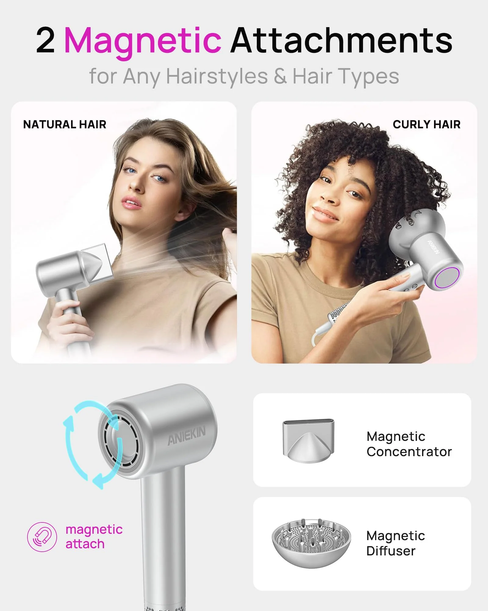 Hair Dryer, High-Speed Ionic Low Noise Blow Dryer for Fast Drying, Birthday Christmas Gifts for Women Men Mom Dad, Thermo-Control Quiet Compact Hair Blow Dryer for Travel Salon, Silver - Image 4