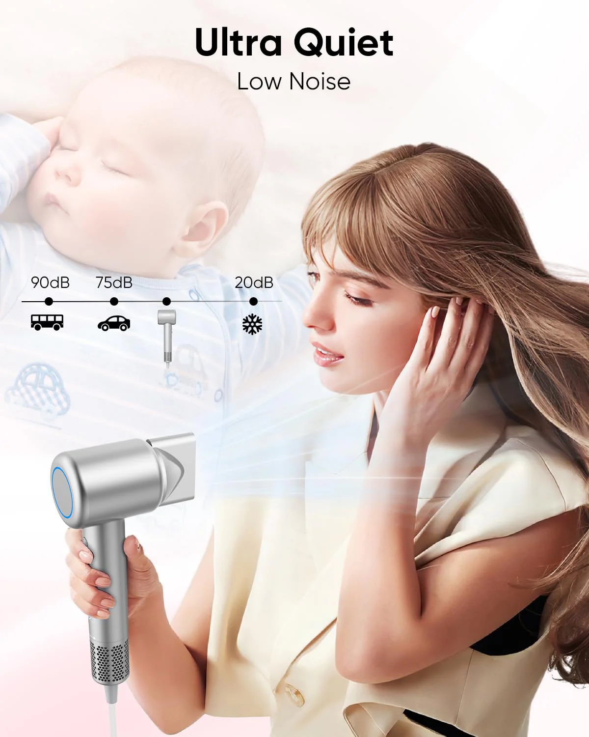 Hair Dryer, High-Speed Ionic Low Noise Blow Dryer for Fast Drying, Birthday Christmas Gifts for Women Men Mom Dad, Thermo-Control Quiet Compact Hair Blow Dryer for Travel Salon, Silver - Image 5