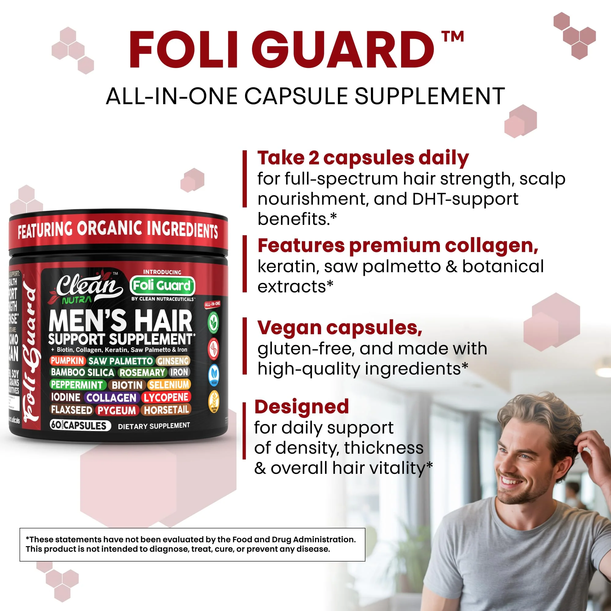 Hair Growth Supplement For Men | Biotin Hair Vitamins Collagen Pumpkin Seed Saw Palmetto Iron Ginseng Bamboo Silica Rosemary Peppermint Keratin Selenium Iodine Flaxseed Horsetail Vitamin A C D3 E B12 - Image 4