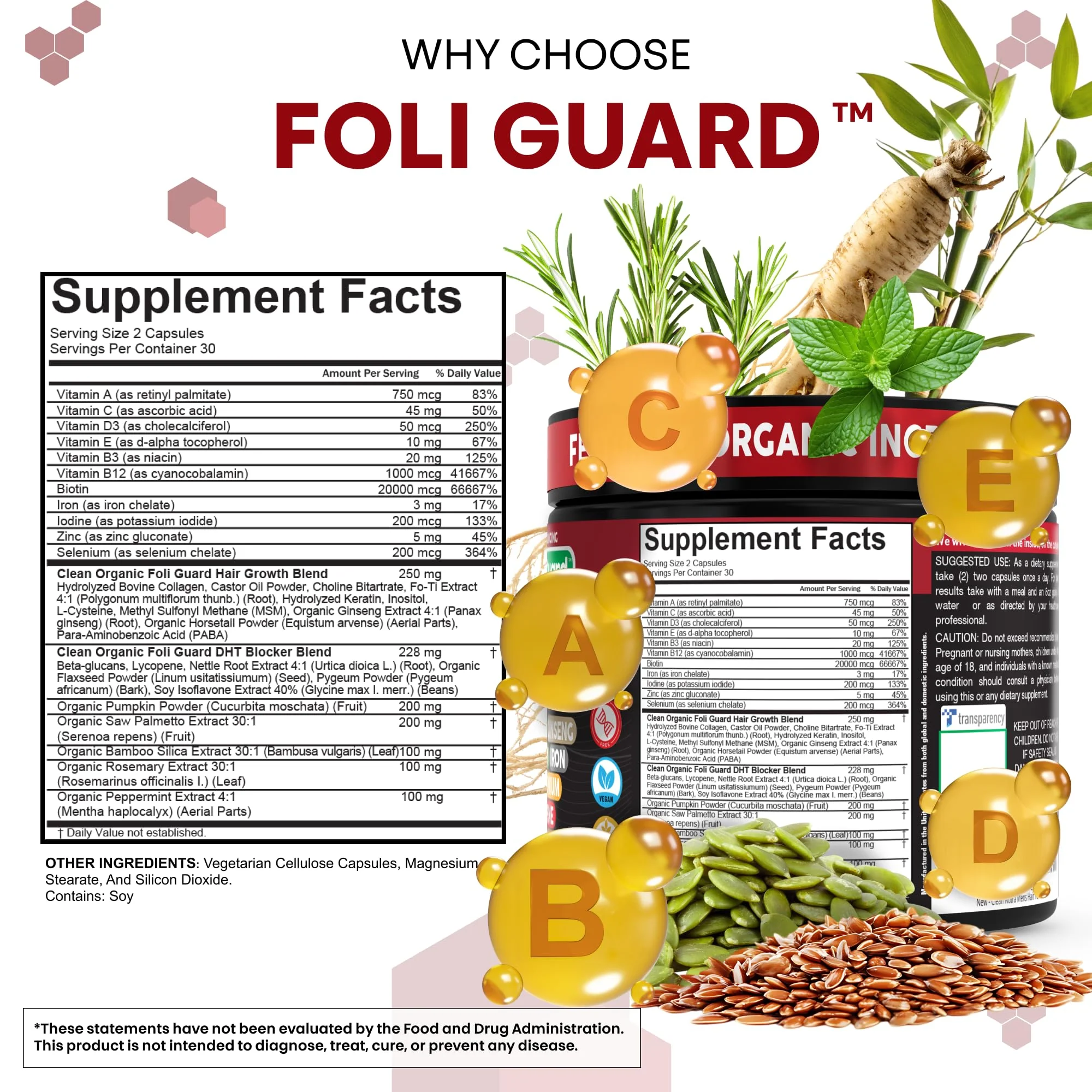 Hair Growth Supplement For Men | Biotin Hair Vitamins Collagen Pumpkin Seed Saw Palmetto Iron Ginseng Bamboo Silica Rosemary Peppermint Keratin Selenium Iodine Flaxseed Horsetail Vitamin A C D3 E B12 - Image 6