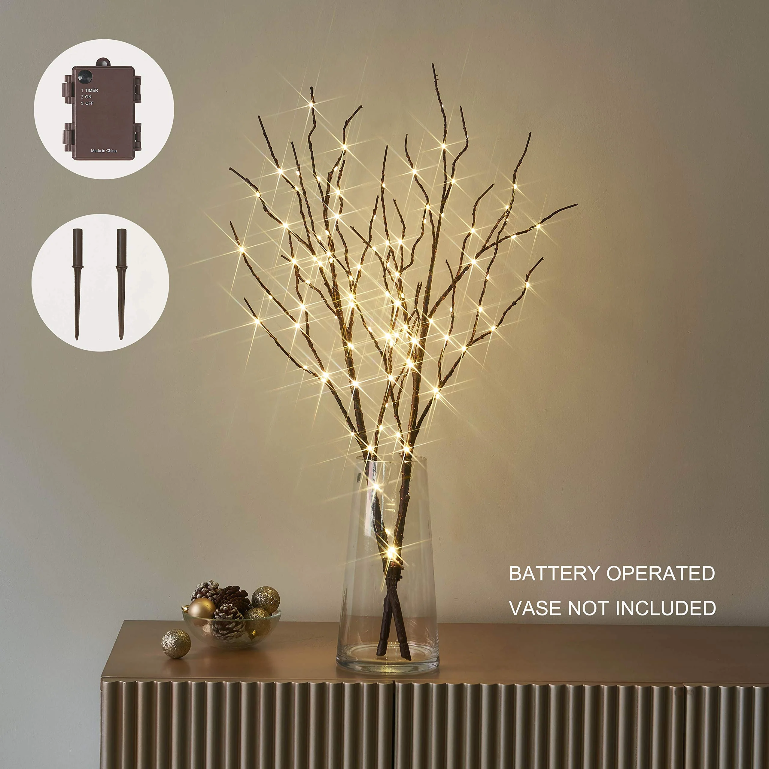 Hairui Lighted Brown Branches Battery Operated with Timer 30IN 100 LED Fairy Lights, Willow Branch Lights for Home Bedroom Fireplace Christmas Holiday Decoration Indoor Outdoor Use (Vase Excluded) - Image 5