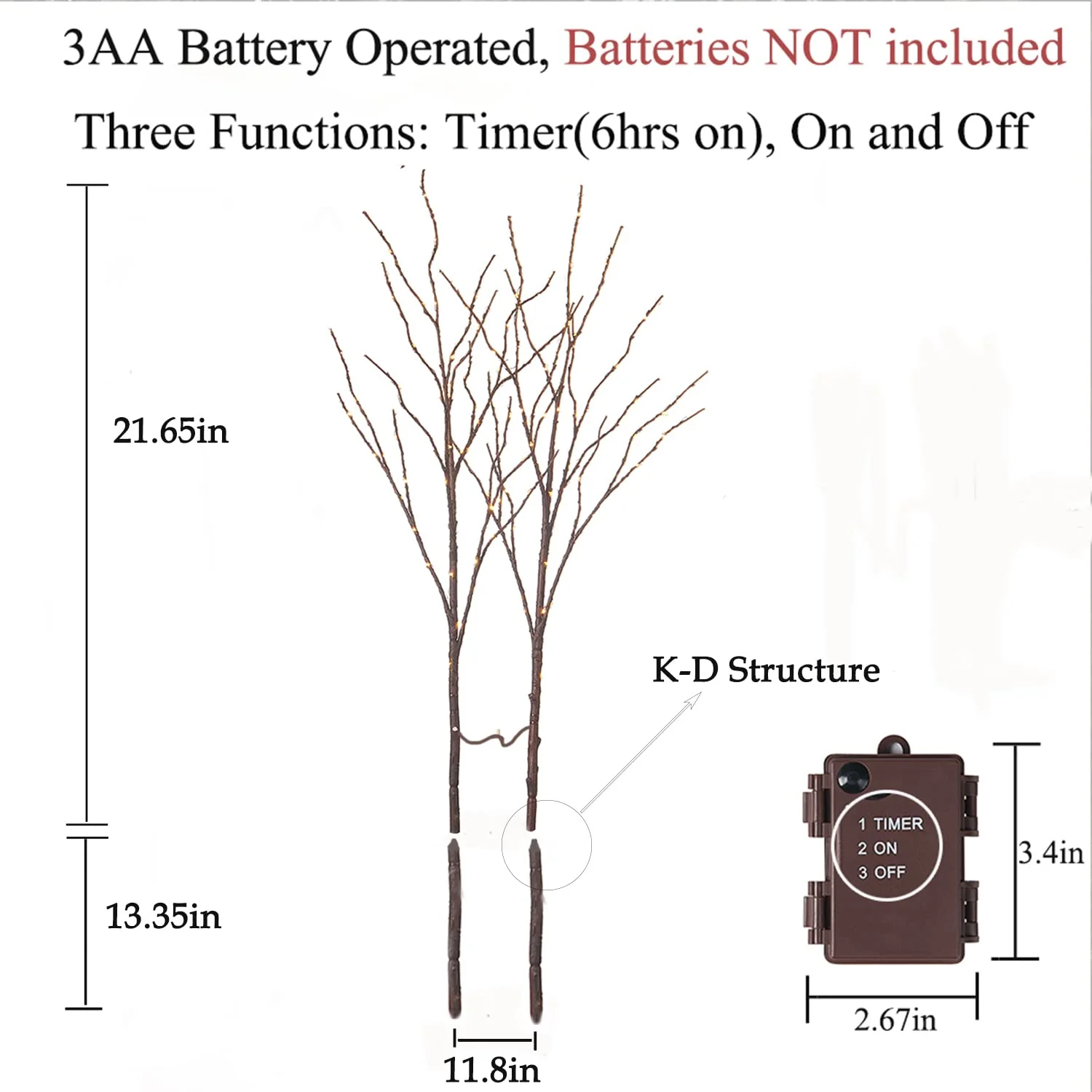 Hairui Lighted Brown Branches Battery Operated with Timer 30IN 100 LED Fairy Lights, Willow Branch Lights for Home Bedroom Fireplace Christmas Holiday Decoration Indoor Outdoor Use (Vase Excluded) - Image 7
