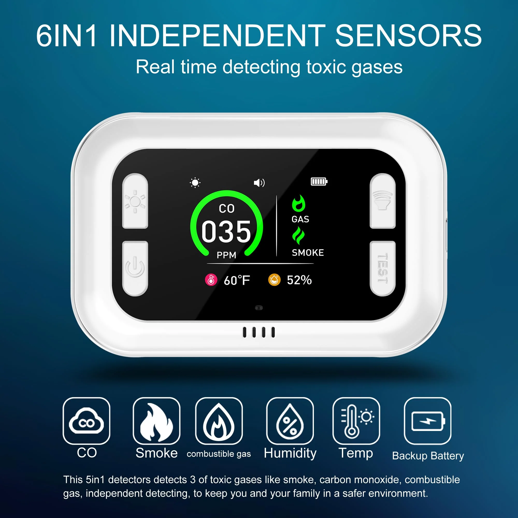 HAKINAKU Plug in 6in1 Smoke & Carbon Monoxide Detector & Combustible Natural Gas Combination Builti-in Backup 1000mAh Battery & HD Screen [Temp Humidity Sensors] for Home Kitchen Hotel (1Pack, White) - Image 3