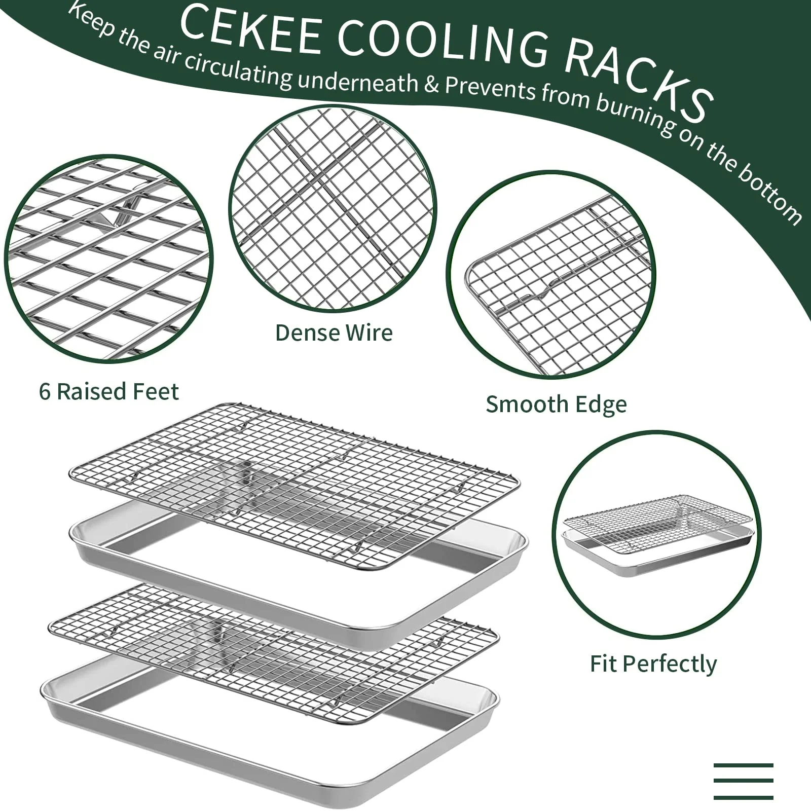 Half Sheet Pans with Rack Set [2 Pans + 2 Racks], CEKEE Stainless Half Size Large Baking Sheets with Rack -18 Inch Baking Tray Set- Rust & Warp Resistant & Heavy Duty Large Cookie Sheet - Image 5