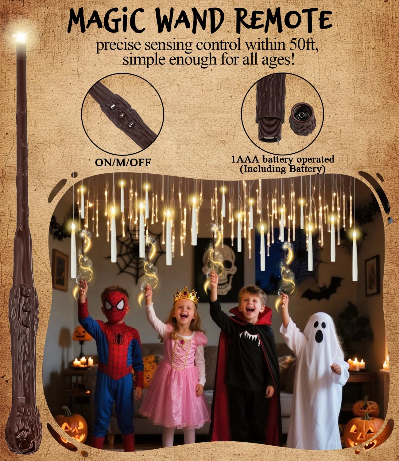 Halloween Decorations - 32pcs Floating Candles with Wand Magic Hanging Candles, Flameless Warm Light Flickering Battery Operated Candles, Floating LED Candle for Halloween Christmas Theme Party - Image 5