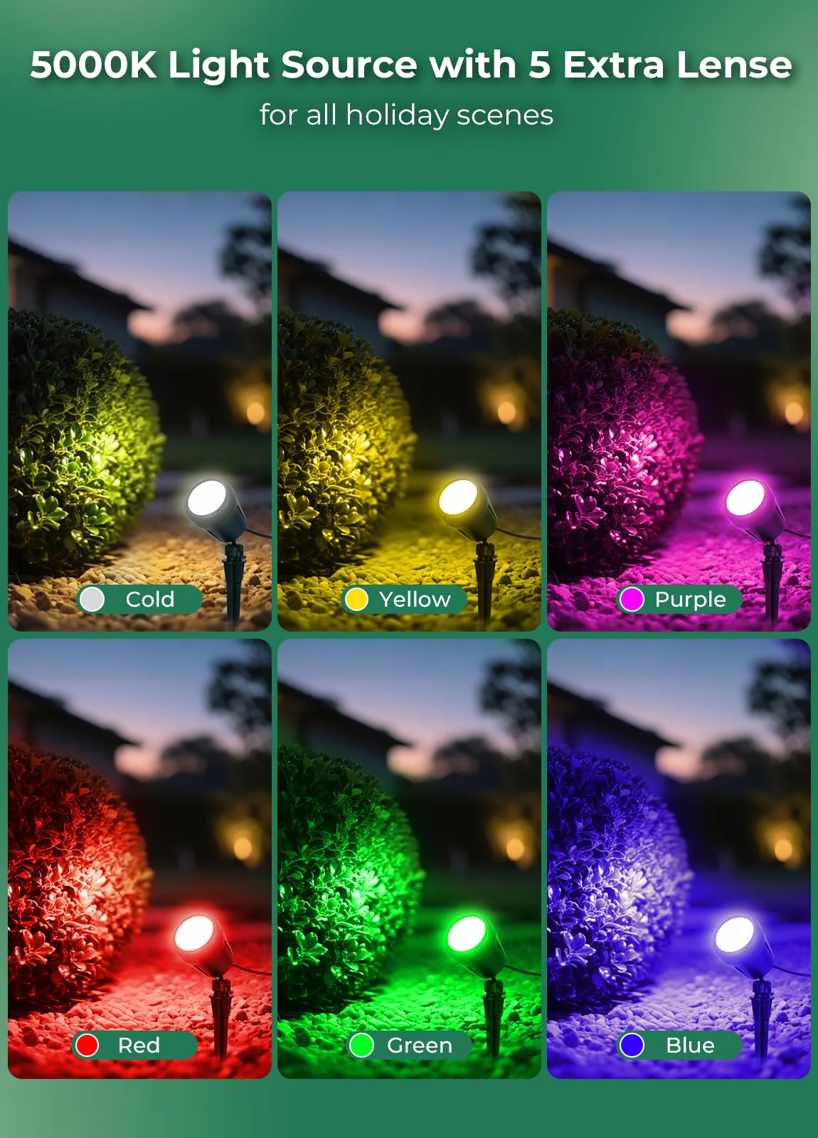 Halloween Spotlights Outdoor, 120V Plug-in Christmas Spot Light, 5000K LED Landscape Lighting with 5 Color Lenses (Red Green Blue Purple Yellow), IP67 Waterproof, 2 Pack - Image 6