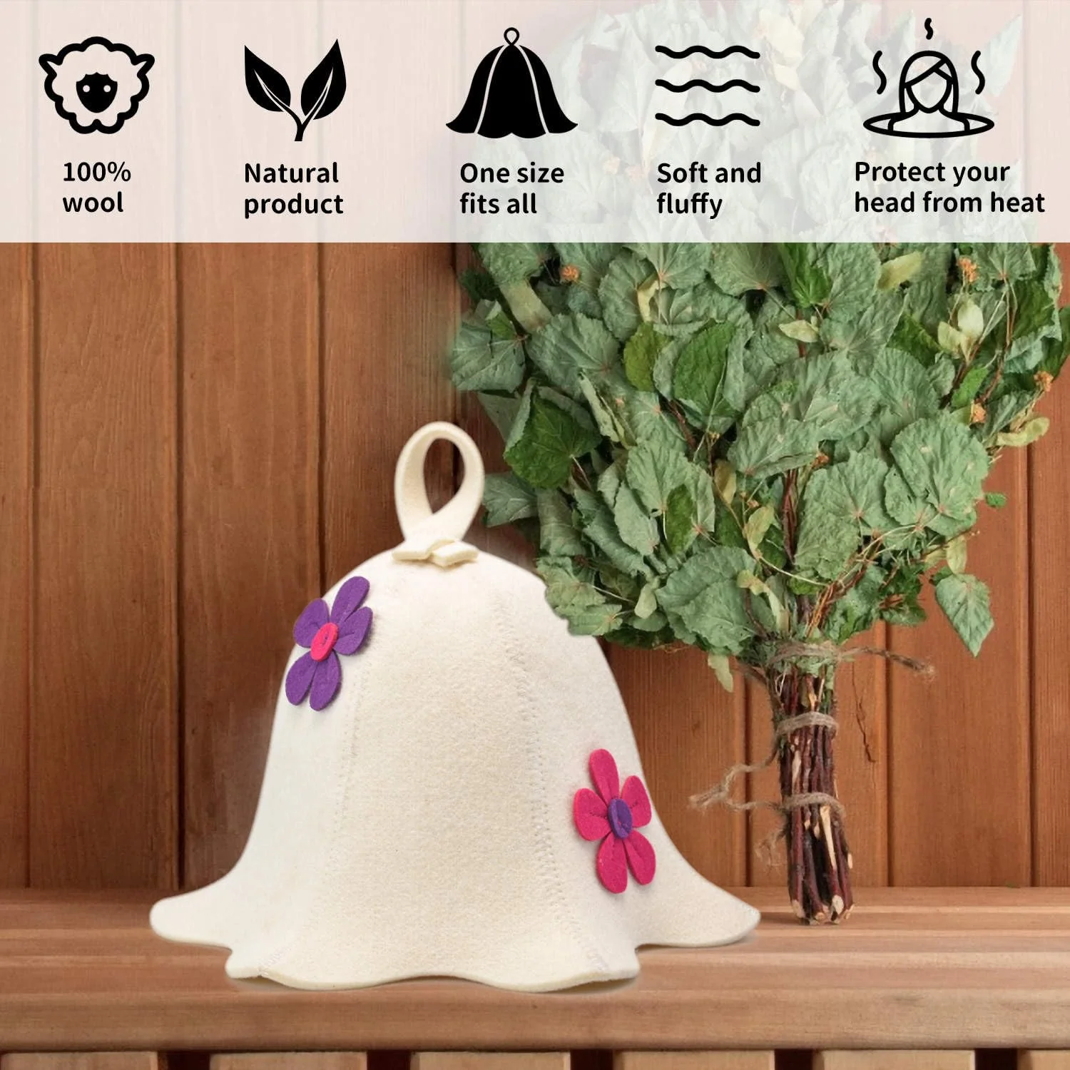 Halsa Sauna Hat, Natural Wool Sauna Cap for Men and Women | Flowers | Eco-Friendly Insulating Headgear for Spa, Steam Room, Banya, Bathhouse | Comfortable, Breathable, Handmade | One Size Fits All - Image 2