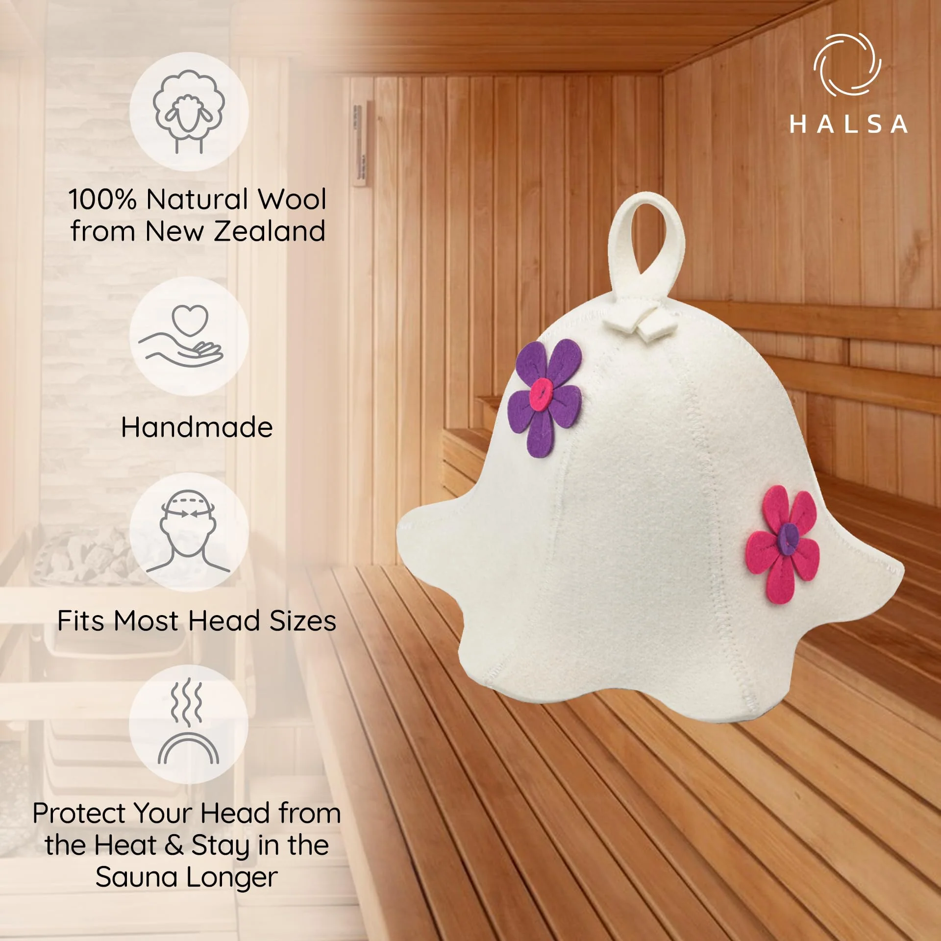 Halsa Sauna Hat, Natural Wool Sauna Cap for Men and Women | Flowers | Eco-Friendly Insulating Headgear for Spa, Steam Room, Banya, Bathhouse | Comfortable, Breathable, Handmade | One Size Fits All - Image 7