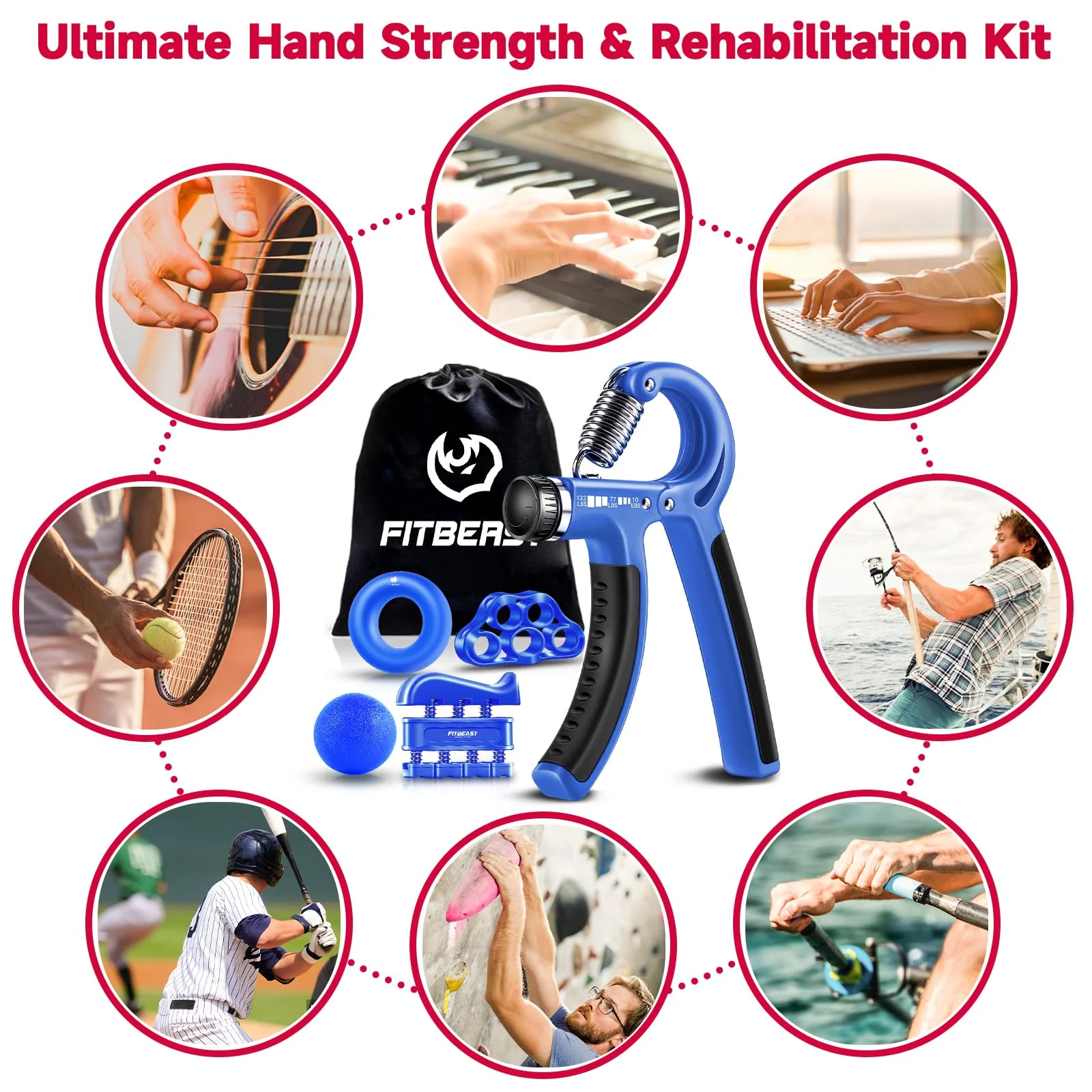 Hand Grip Strengthener Workout Kit (5 Pack) FitBeast Forearm Grip Adjustable Resistance Hand Gripper, Finger Exerciser, Finger Stretcher, Grip Ring & Stress Relief Grip Ball for Athletes (Navy Blue) - Image 2