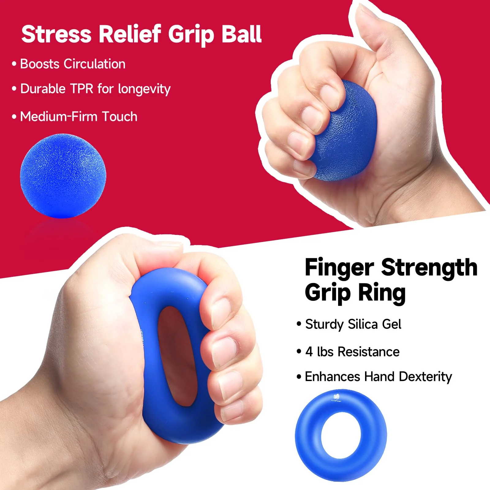 Hand Grip Strengthener Workout Kit (5 Pack) FitBeast Forearm Grip Adjustable Resistance Hand Gripper, Finger Exerciser, Finger Stretcher, Grip Ring & Stress Relief Grip Ball for Athletes (Navy Blue) - Image 3