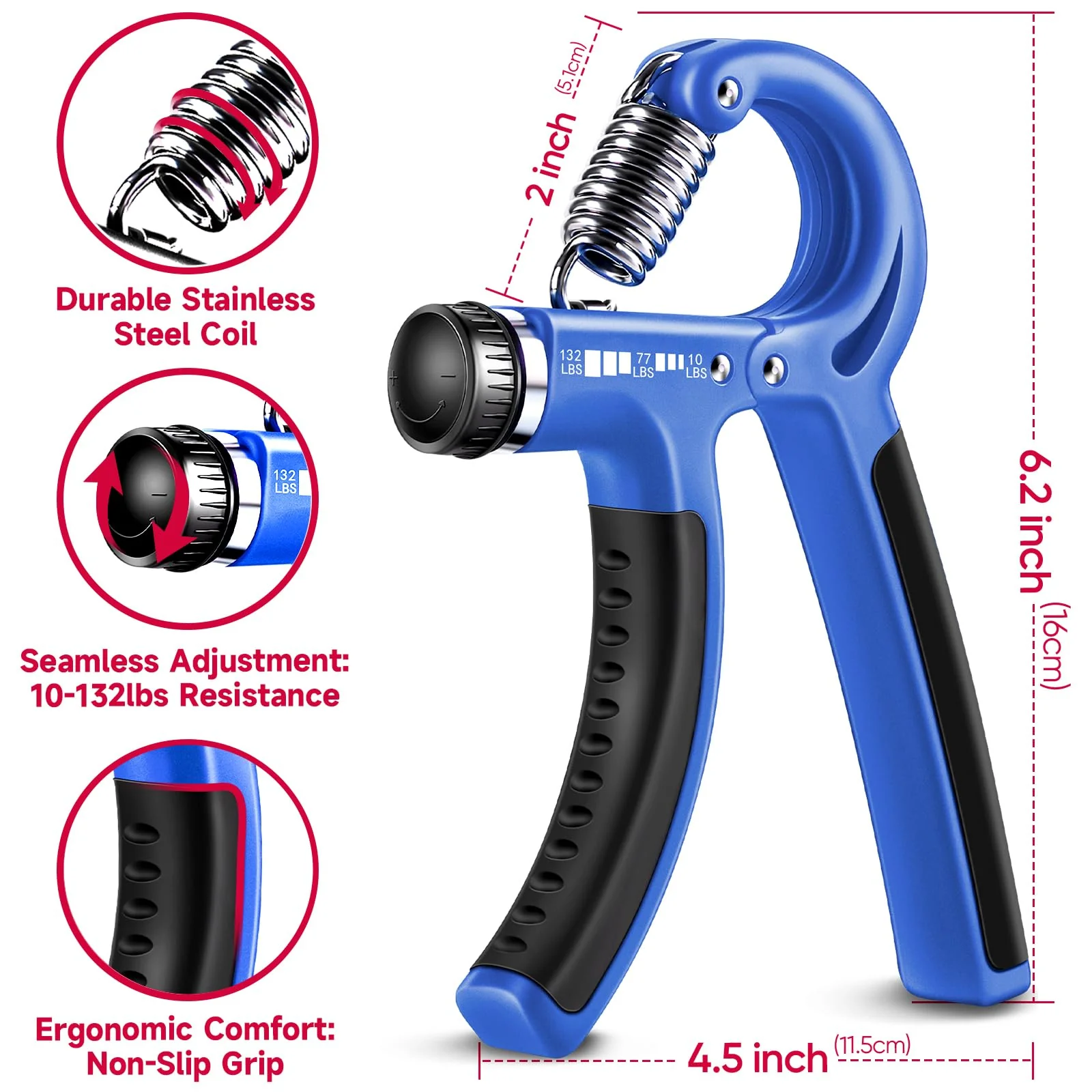 Hand Grip Strengthener Workout Kit (5 Pack) FitBeast Forearm Grip Adjustable Resistance Hand Gripper, Finger Exerciser, Finger Stretcher, Grip Ring & Stress Relief Grip Ball for Athletes (Navy Blue) - Image 5