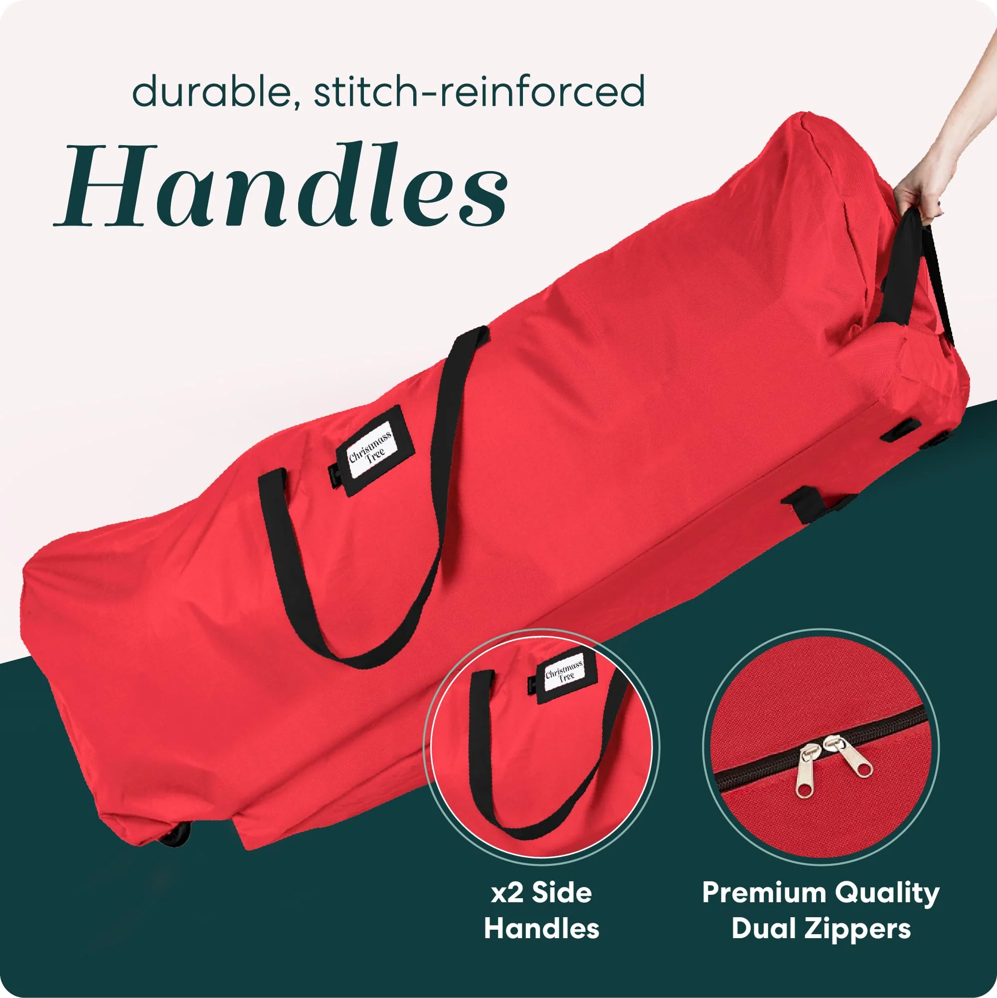 Handy Laundry, Rolling Tree Storage Bag - Storage for 9-Foot Artificial Christmas Holiday Tree. Zippered Bag, Carry Handles & Wheels for Easy Transport. Protects Against Dust, Insects, Moisture, RED - Image 3