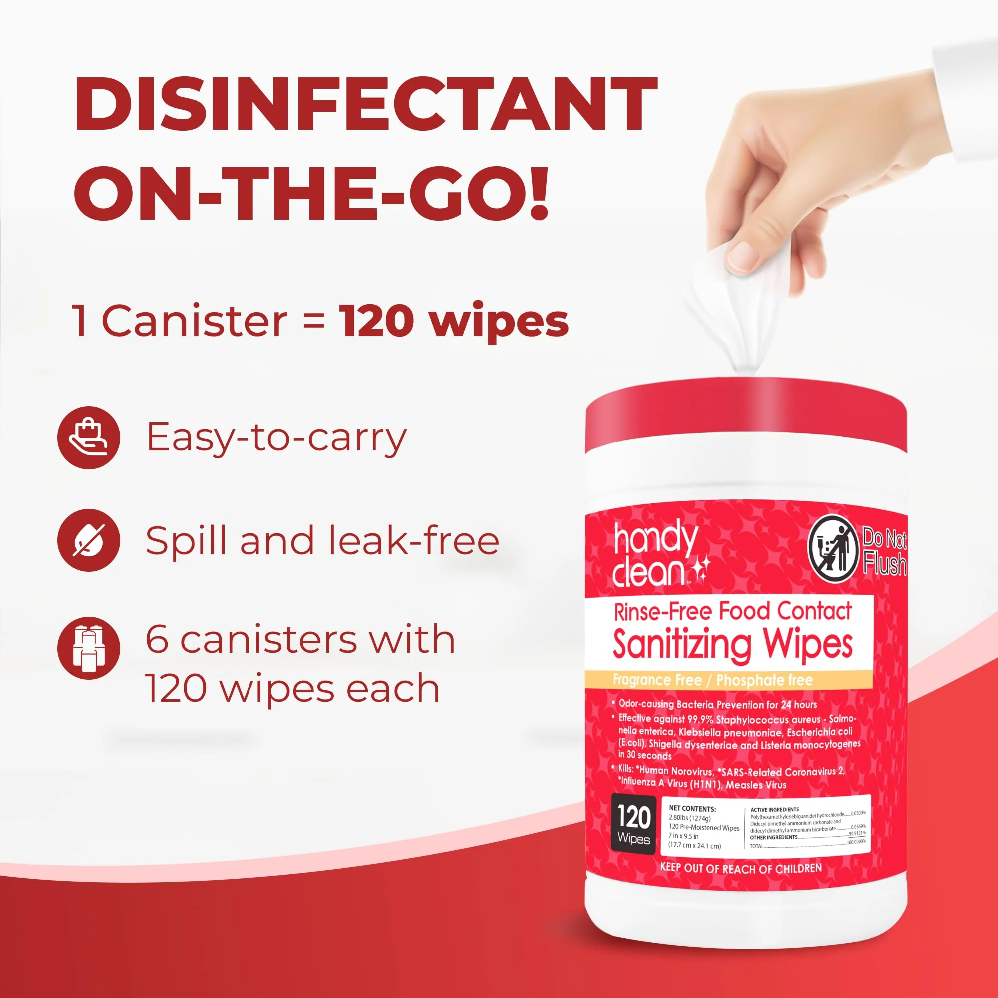 HandyClean Rinse-Free Food Contact Sanitizing Wipes Canister, Multi Surface Cleaning Wipes Cleaning Supplies for Kitchen and Professional Setting 6-Pack (120 Wipes Each) - Image 3