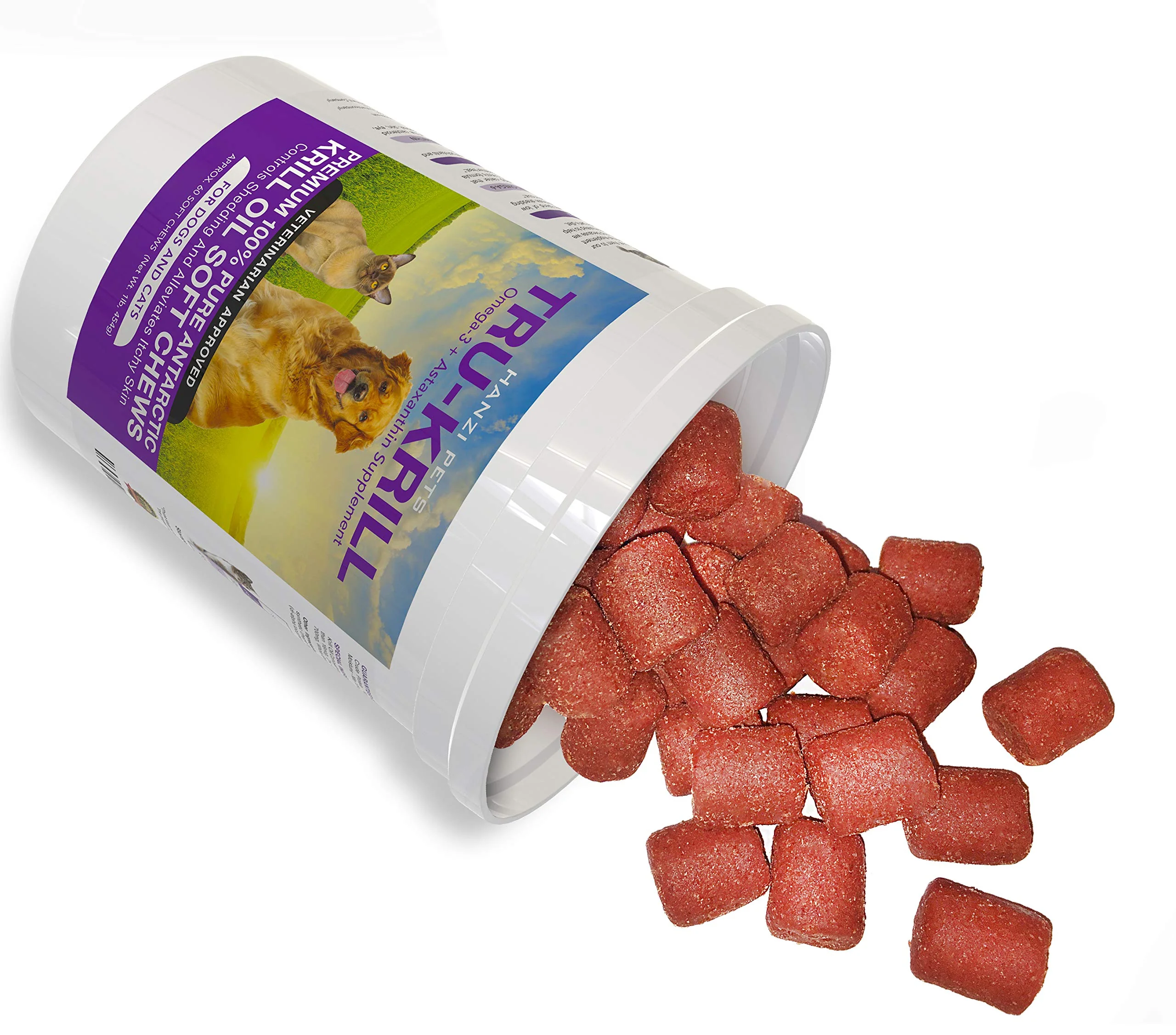 Hanzi Pets #1 Antarctic Krill Oil for Dogs Rich in Omega 3 Astaxanthin Vitamin E Skin and Coat Low Allergens Calories Certified Cgmp Made USA 60 Salty