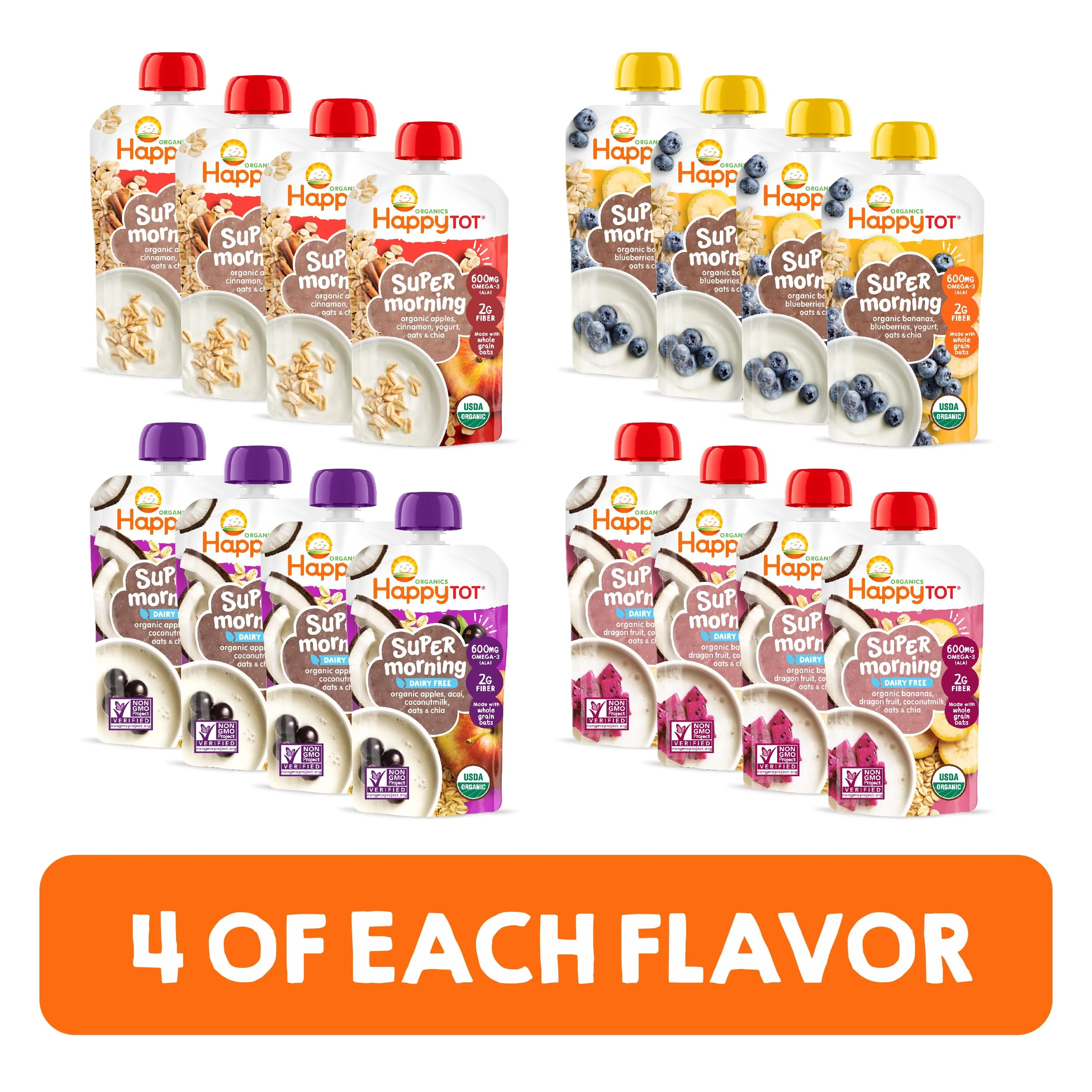 Happy Tot Organics Stage 4 Baby Food Pouches, Gluten Free, Super Morning Fruit & Oat Variety Pack Blend 4 Oz (Pack of 16), Amazon Exclusive - Image 4