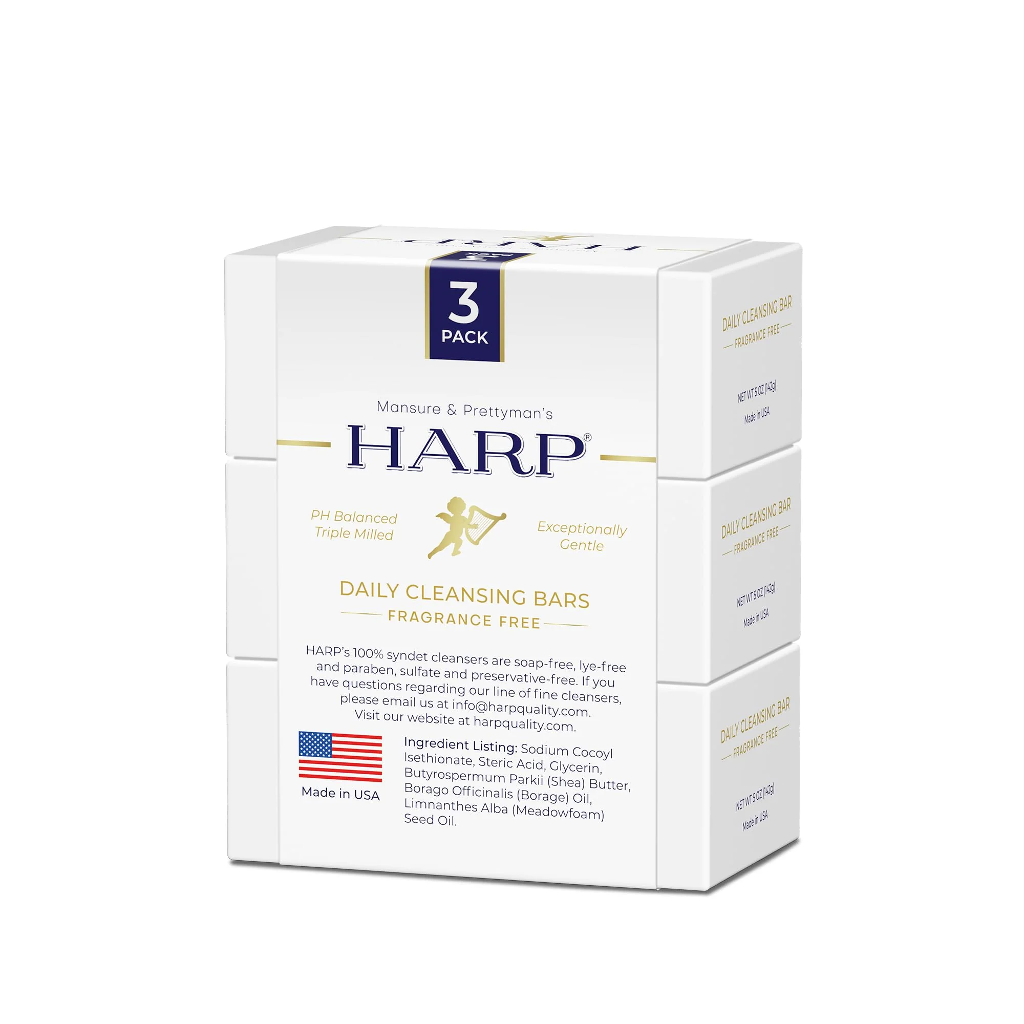 HARP® Fragrance Free Body Wash Bar – pH Balanced (5.0–6.0) Syndet Cleanser, No Lye, Non-Comedogenic, Gentle for Sensitive & Dry Skin, With Shea Butter & Borage Oil. 3-5oz Bars. - Image 2