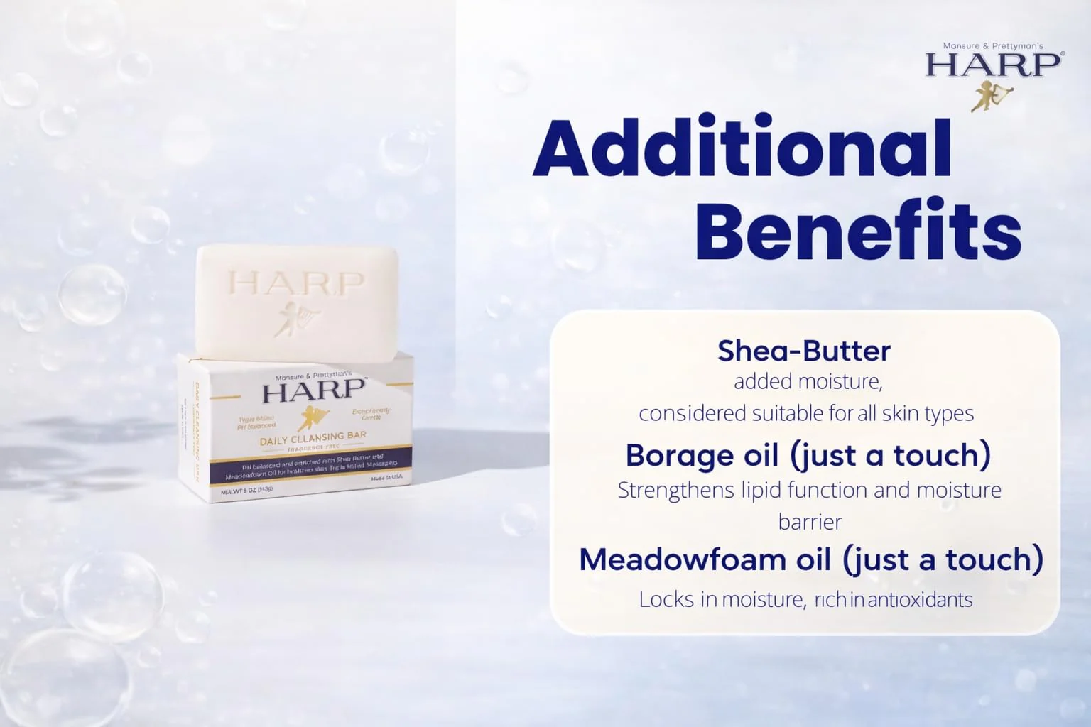 HARP® Fragrance Free Body Wash Bar – pH Balanced (5.0–6.0) Syndet Cleanser, No Lye, Non-Comedogenic, Gentle for Sensitive & Dry Skin, With Shea Butter & Borage Oil. 3-5oz Bars. - Image 3
