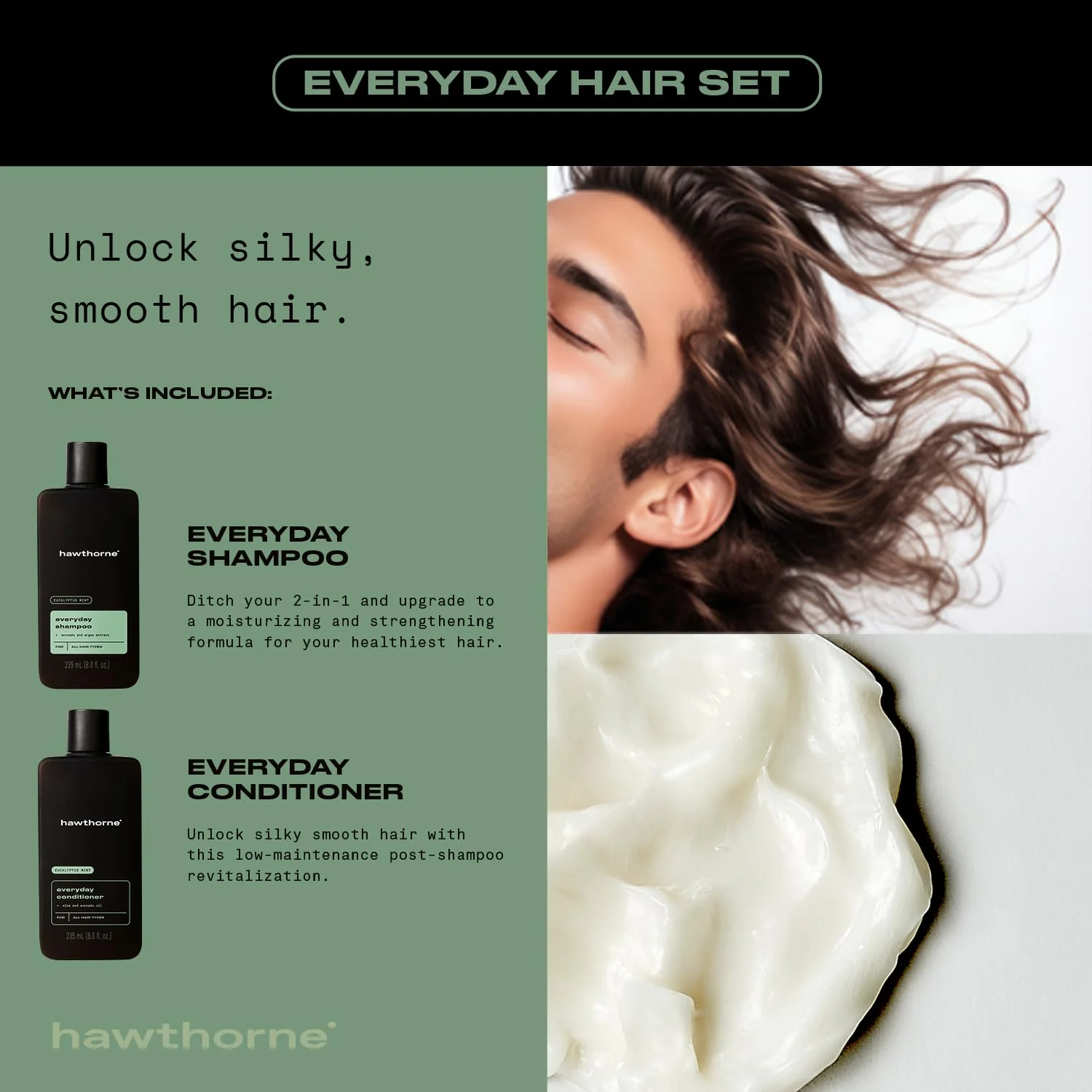 Hawthorne Men's Everyday Shampoo and Conditioner Set. Sulfate Free Shampoo and Conditioner with Pure Avocado Oil and Coconut Oil For Stronger, Healthier Hair. Mint and Eucalyptus Scent. 8 fl. oz each. - Image 6