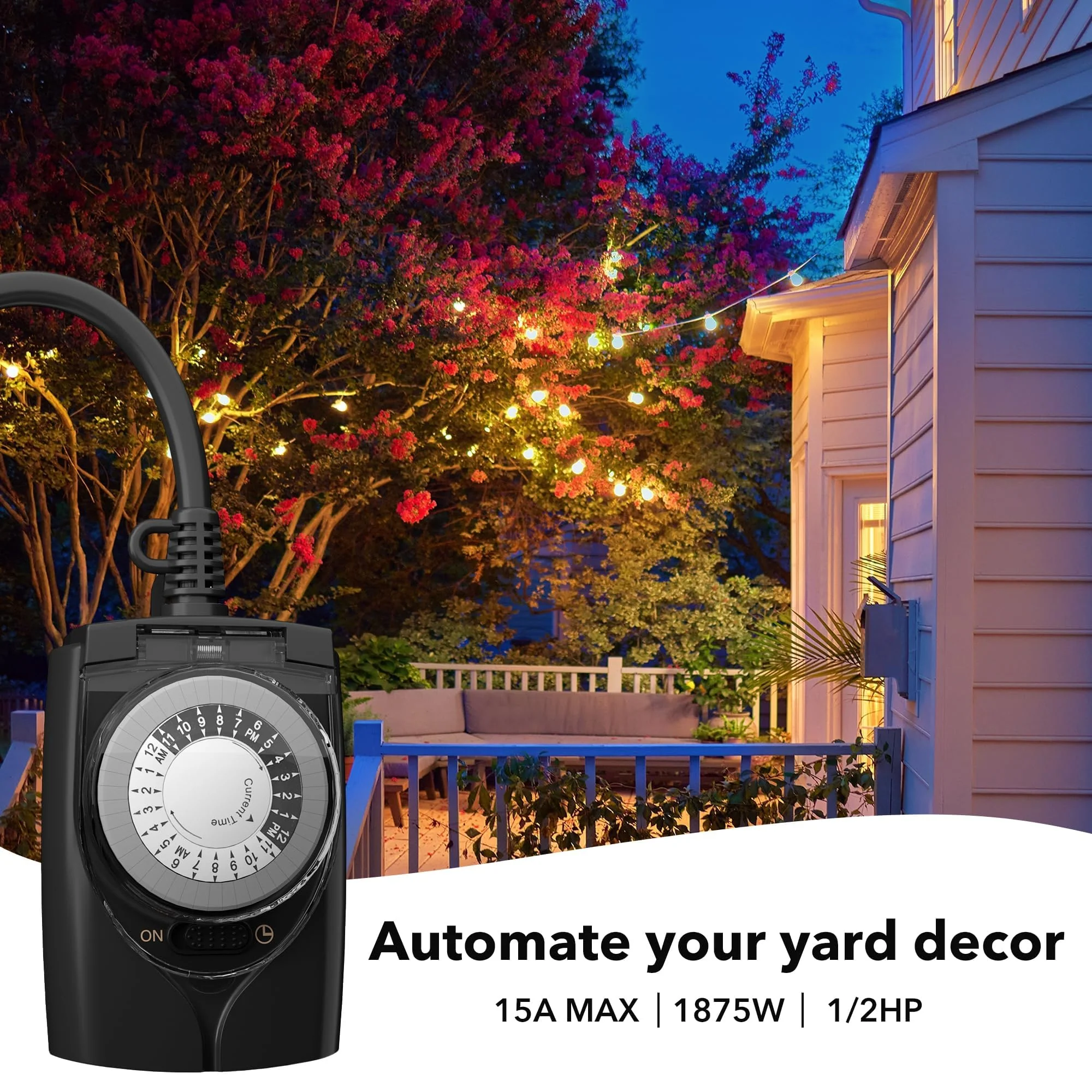HBN Outdoor Timer Outlet Waterproof, 24 Hour Mechanical Light Timers for Electrical Outlets Outdoor Weatherproof, 2 Grounded Outlets for Christmas Lights, Pool Pump, 15A 1/2HP - Image 2