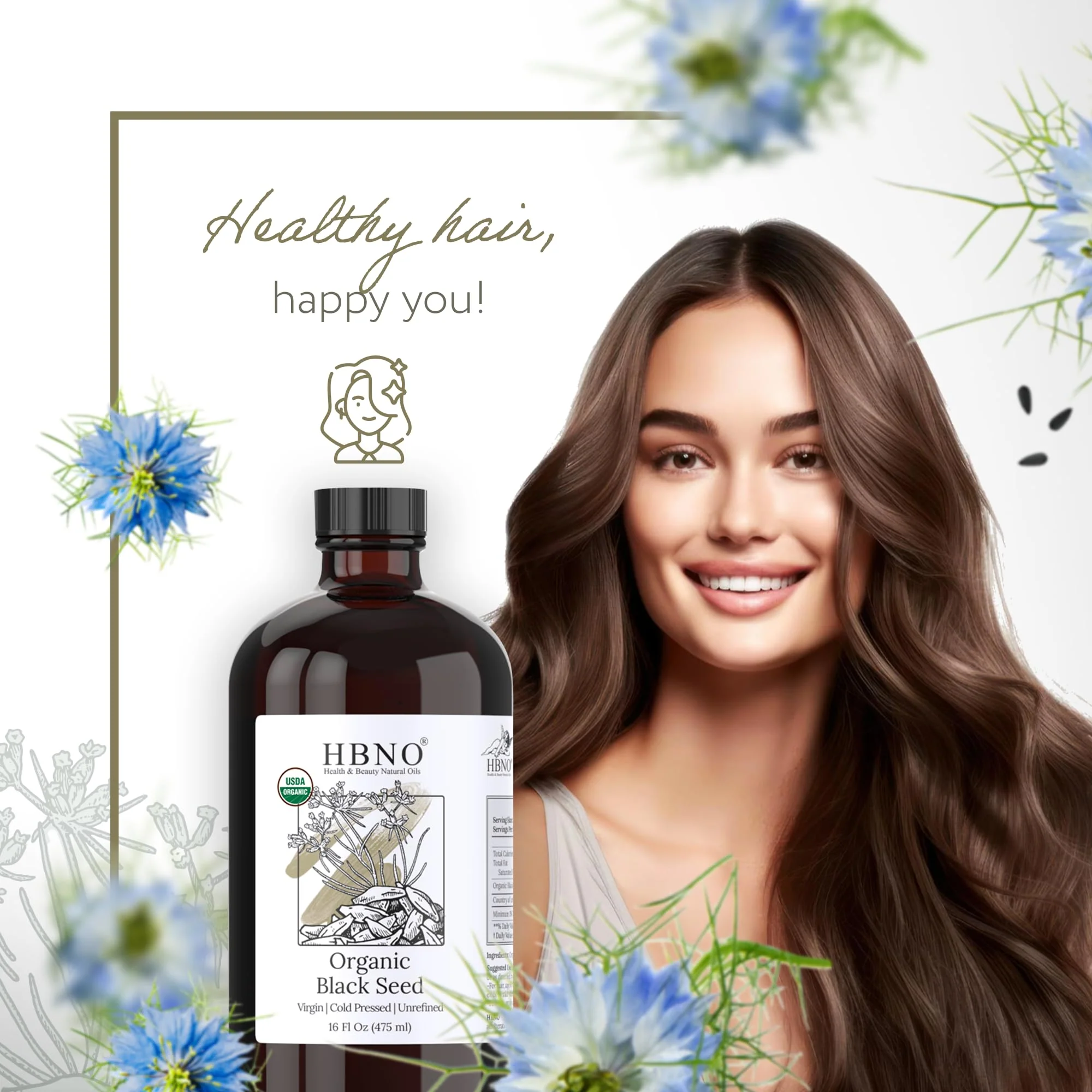 HBNO Organic Black Seed Oil - Huge 16 oz (475ml) Glass Bottle Value Size - USDA Certified Organic Black Seed Oil, Cold Pressed for Face, Body, Lips, Shampoo & Conditioner - Image 3