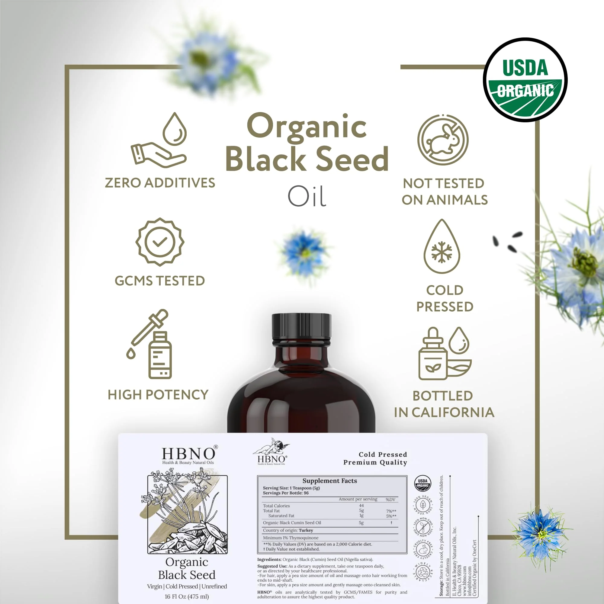 HBNO Organic Black Seed Oil - Huge 16 oz (475ml) Glass Bottle Value Size - USDA Certified Organic Black Seed Oil, Cold Pressed for Face, Body, Lips, Shampoo & Conditioner - Image 4