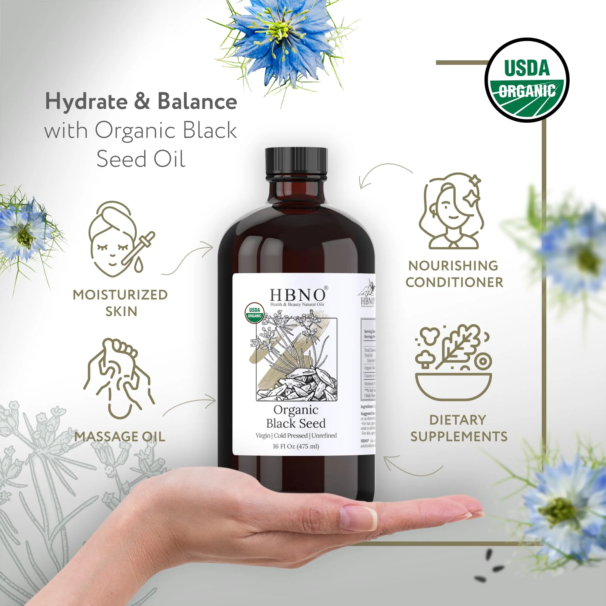 HBNO Organic Black Seed Oil - Huge 16 oz (475ml) Glass Bottle Value Size - USDA Certified Organic Black Seed Oil, Cold Pressed for Face, Body, Lips, Shampoo & Conditioner - Image 6