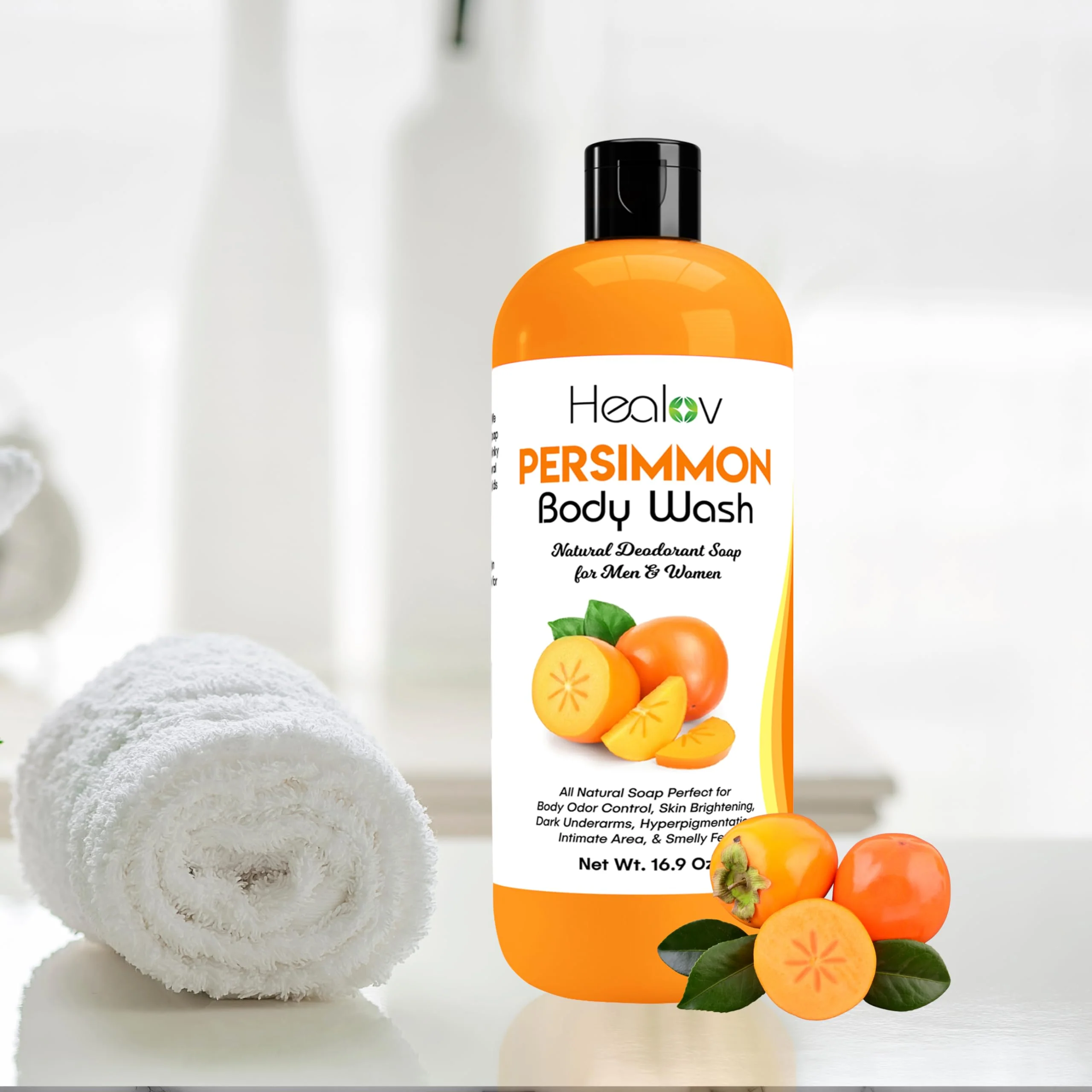 Healov Persimmon Body Wash for Body Odor Control – Purifying Deodorizing Soap for Eliminating Odor – Underarms, Intimate Inner Thigh, Bikini Area, Smelly Feet – Natural Deodorant Soap, Kids Safe - Image 2