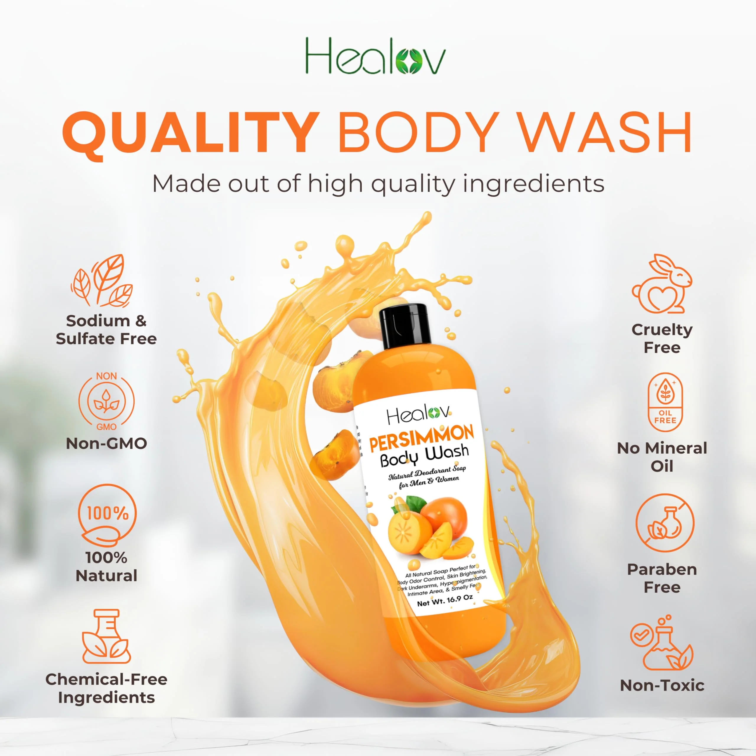 Healov Persimmon Body Wash for Body Odor Control – Purifying Deodorizing Soap for Eliminating Odor – Underarms, Intimate Inner Thigh, Bikini Area, Smelly Feet – Natural Deodorant Soap, Kids Safe - Image 5