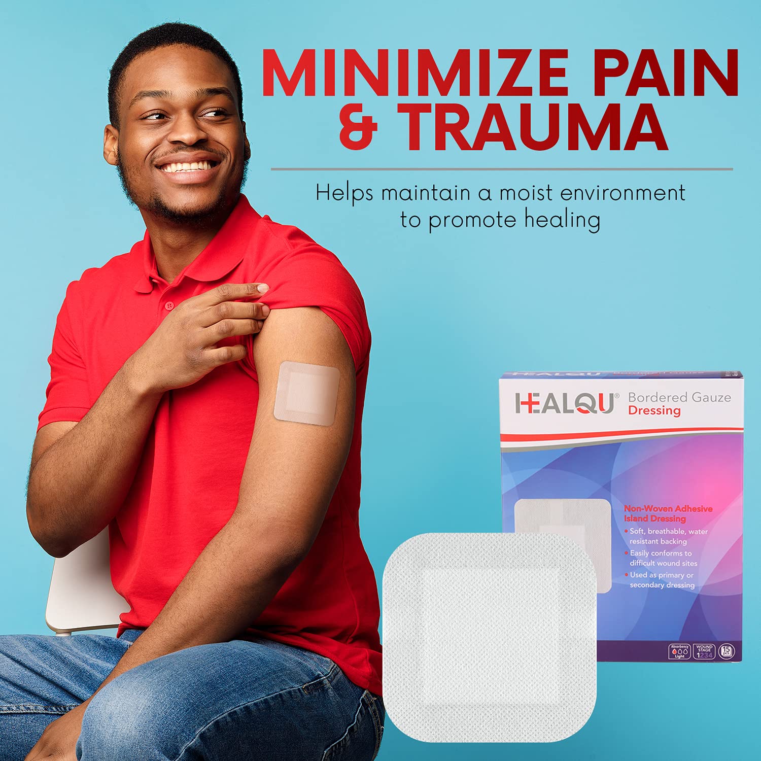 HEALQU Island Dressing - 6"x6", 30 Count - Bordered Gauze Sterile Individually Wrapped Gauze Pads, Water-Resistant, Non-Woven Backing - Soft and Breathable Wound Dressing for First Aid and Medical - Image 8