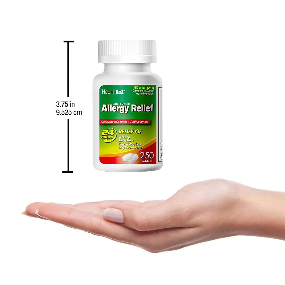HealthA2Z® Allergy Relief | Cetirizine 10mg | All Day Allergy Relief | Indoor & Outdoor | Relief from Itchy Throat, Sneezing, Runny Noses (250 Count (Pack of 1)) - Image 7