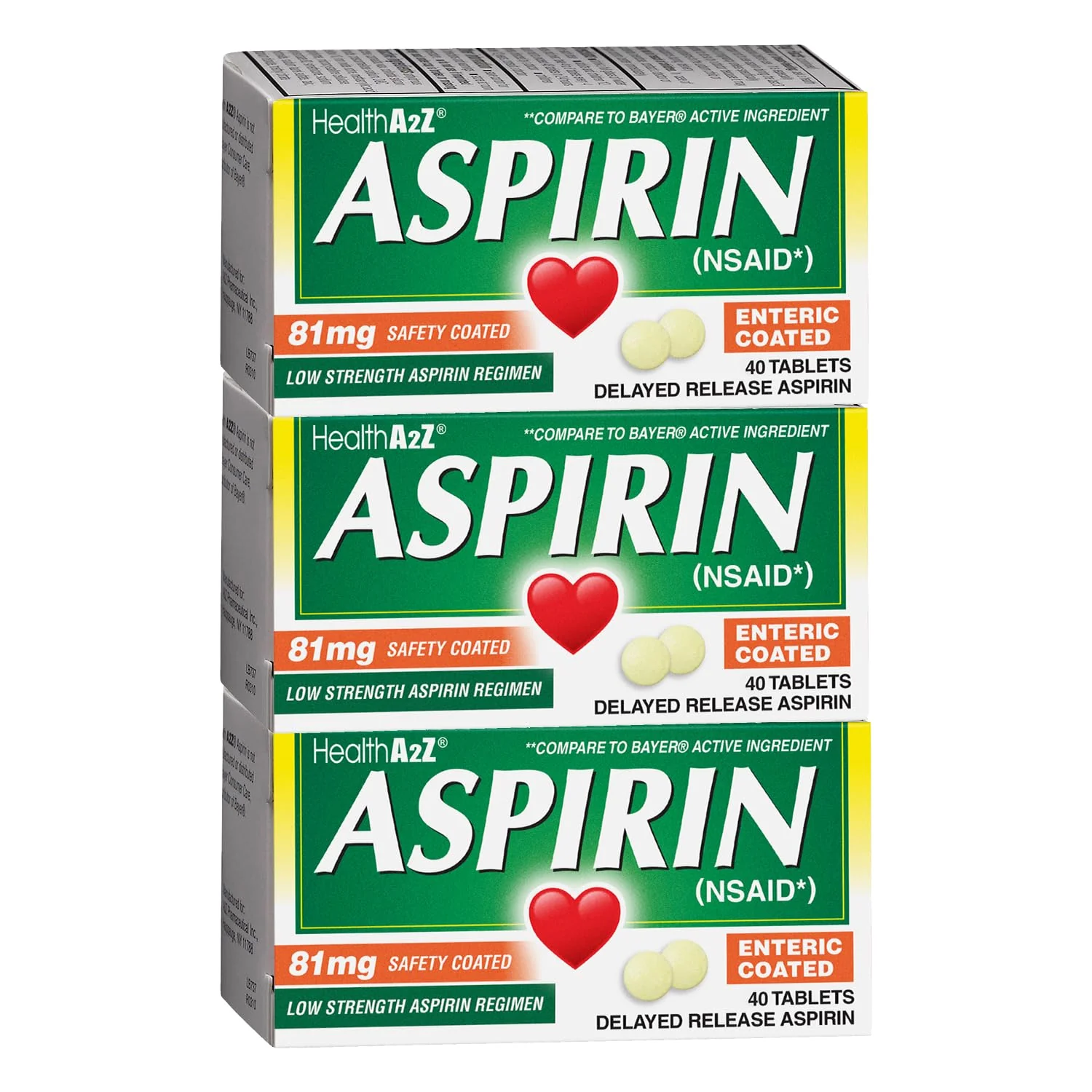 HealthA2Z® Aspirin 81 mg | Low Strength | Enteric Coated | Pain Relief | Reduces Minor Aches Muscle Pain & Cramps | Fever Reducer | Reduces Headache (40 Counts (Pack of 3)) - Image 2