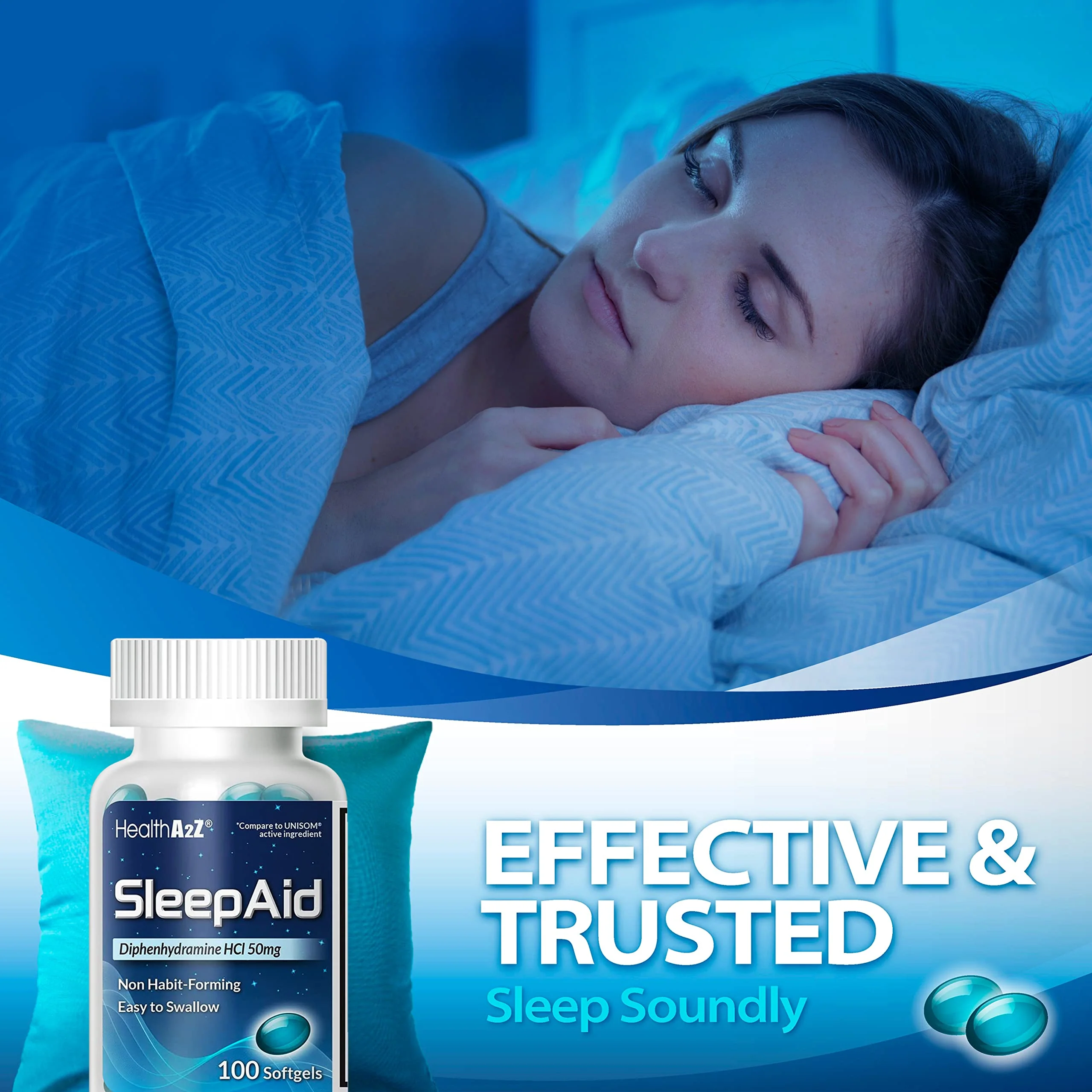HealthA2Z Sleep Aid, Diphenhydramine Softgels, 50mg, Supports Deeper, Restful Sleeping, Non Habit-Forming (100 Counts) - Image 4