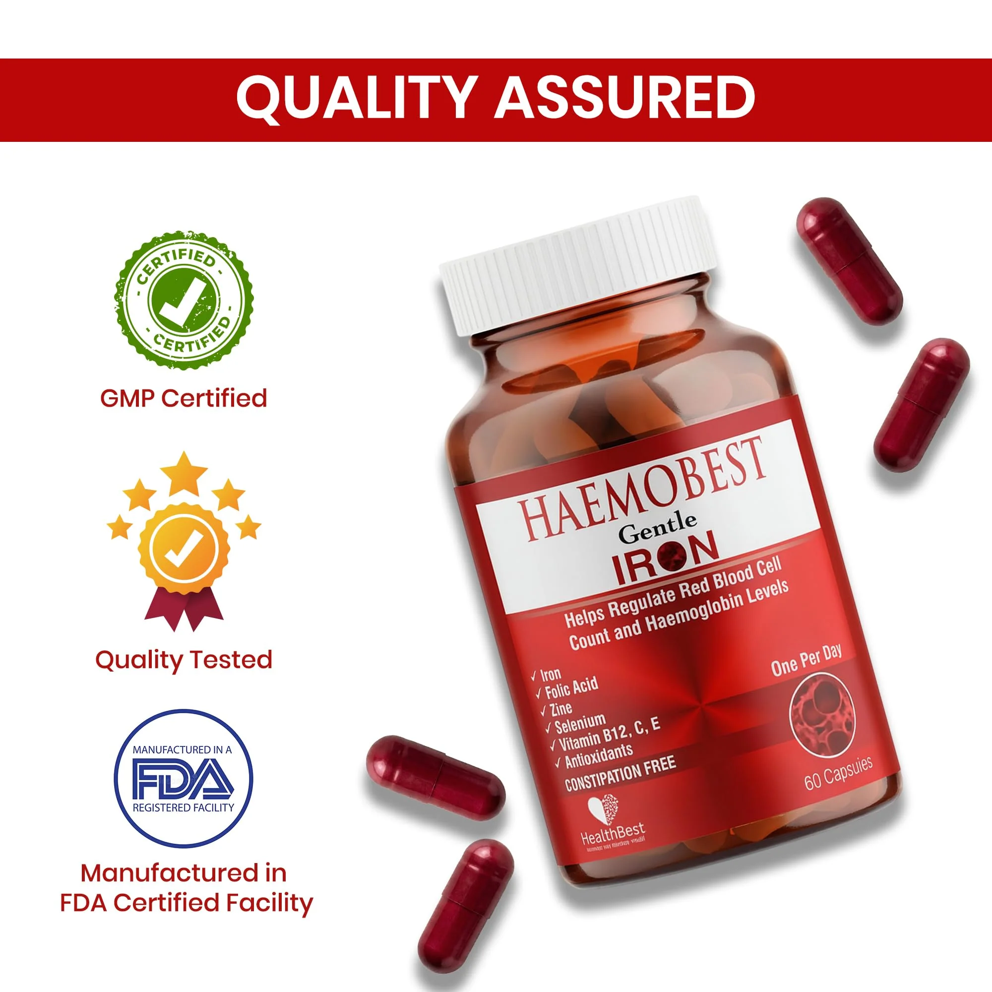 HealthBest High Potency Gentle Iron Capsules 19mg |Slow Release Iron for Faster Absorption, Non-Constipating| Vitamin C, B12, Folate Zinc & Selenium for Anemia, Hemoglobin & Immune Support |60 Count - Image 3