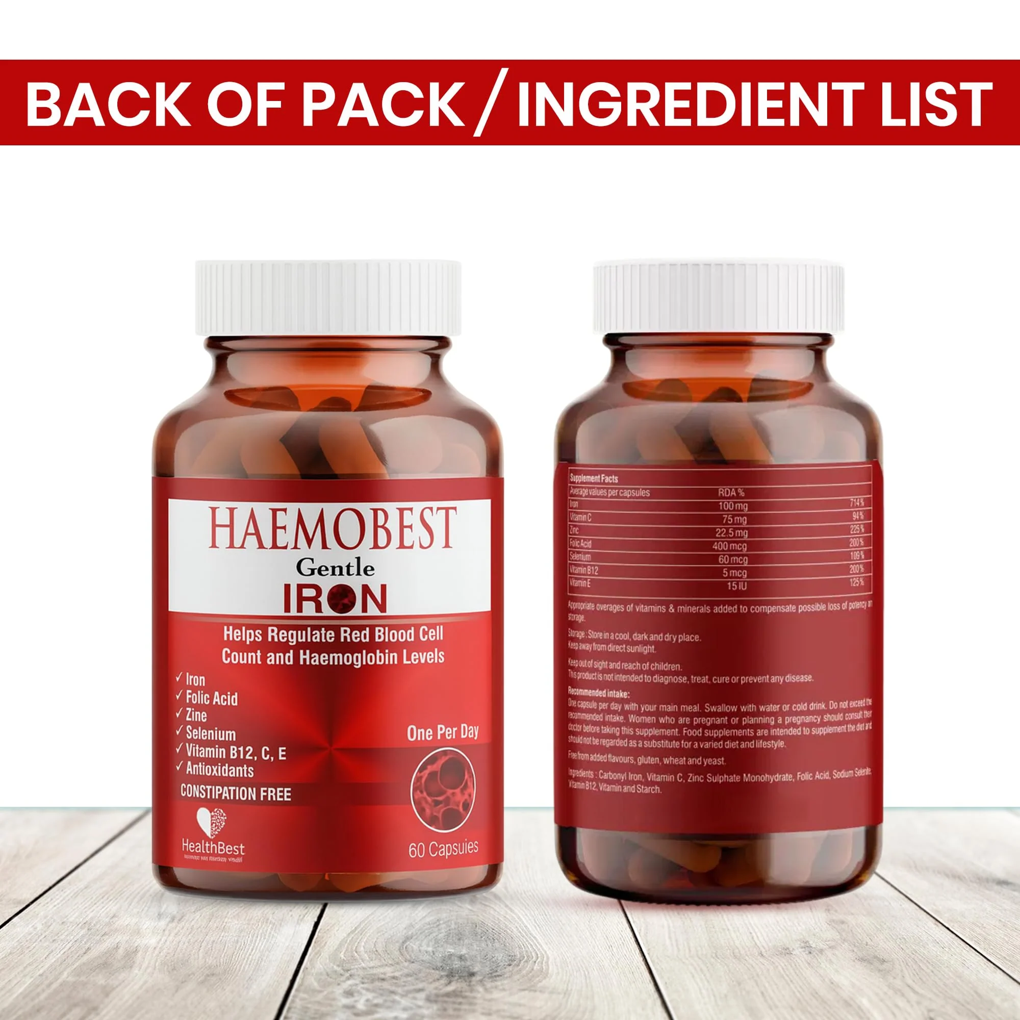 HealthBest High Potency Gentle Iron Capsules 19mg |Slow Release Iron for Faster Absorption, Non-Constipating| Vitamin C, B12, Folate Zinc & Selenium for Anemia, Hemoglobin & Immune Support |60 Count - Image 4
