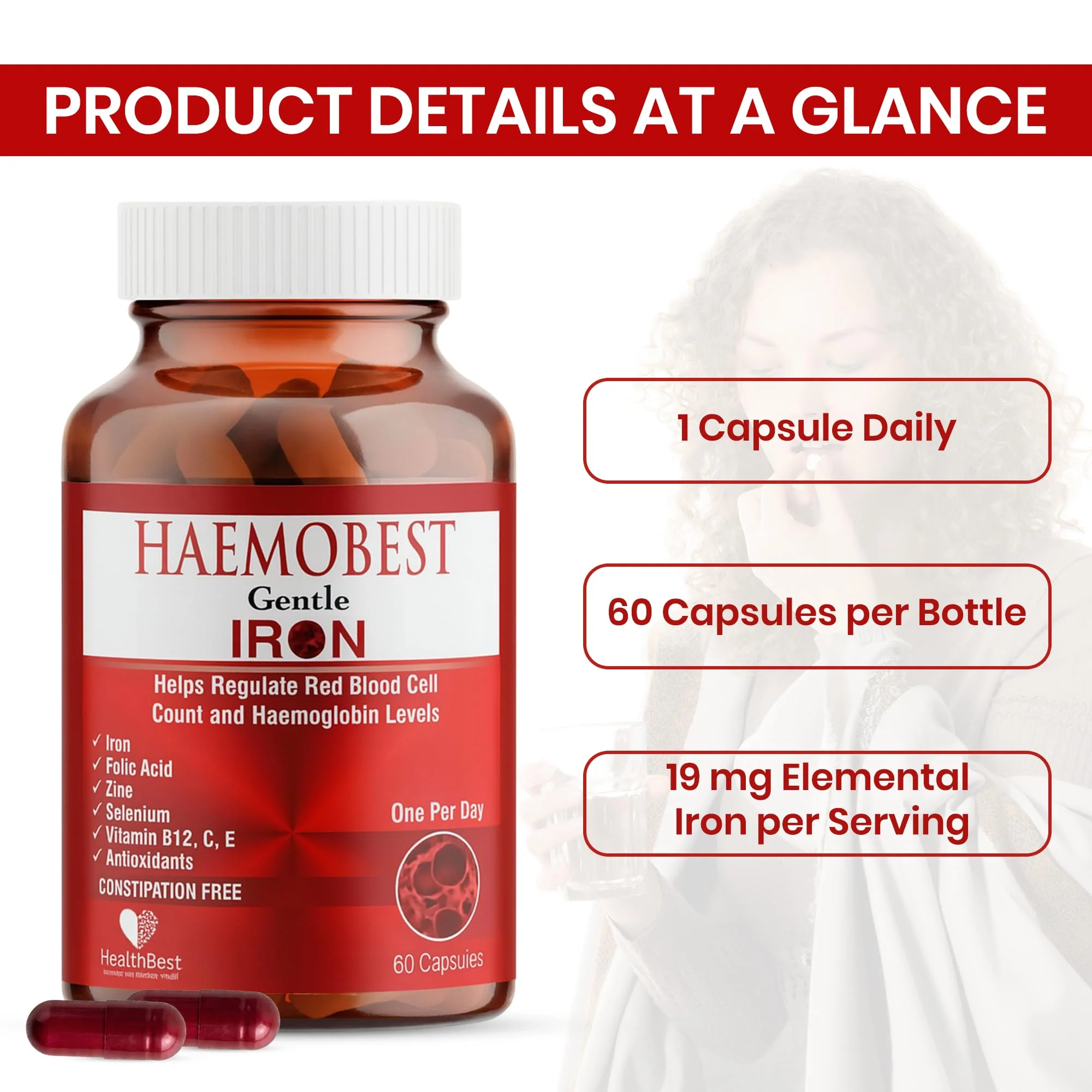 HealthBest High Potency Gentle Iron Capsules 19mg |Slow Release Iron for Faster Absorption, Non-Constipating| Vitamin C, B12, Folate Zinc & Selenium for Anemia, Hemoglobin & Immune Support |60 Count - Image 8