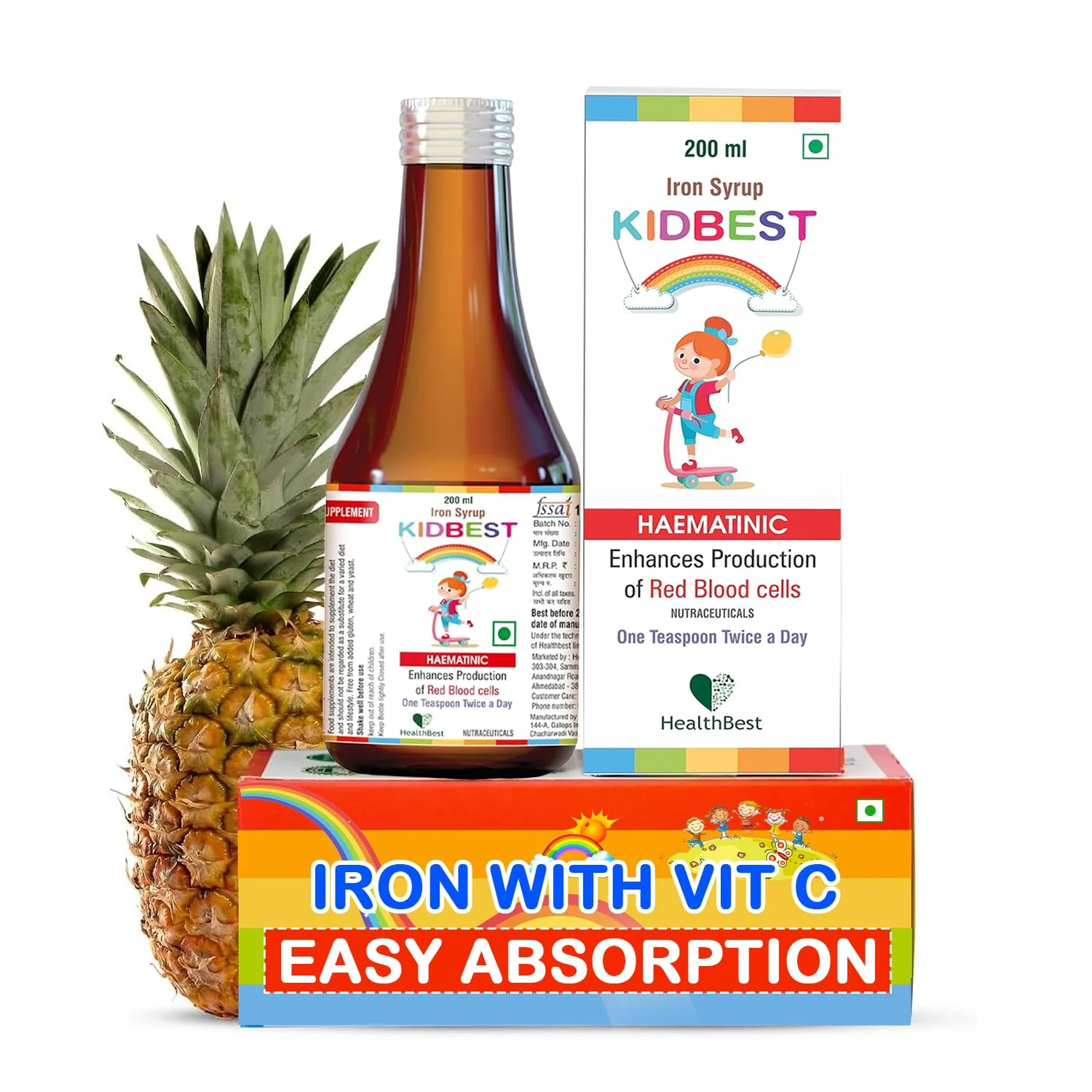 HealthBest Liquid Iron Syrup for Kids – Triple Action with Folic Acid and Zinc – Boosts Hemoglobin, Appetite, and Immunity – No Metallic Taste – 200ml Liquid Supplement, Safe & Effective
