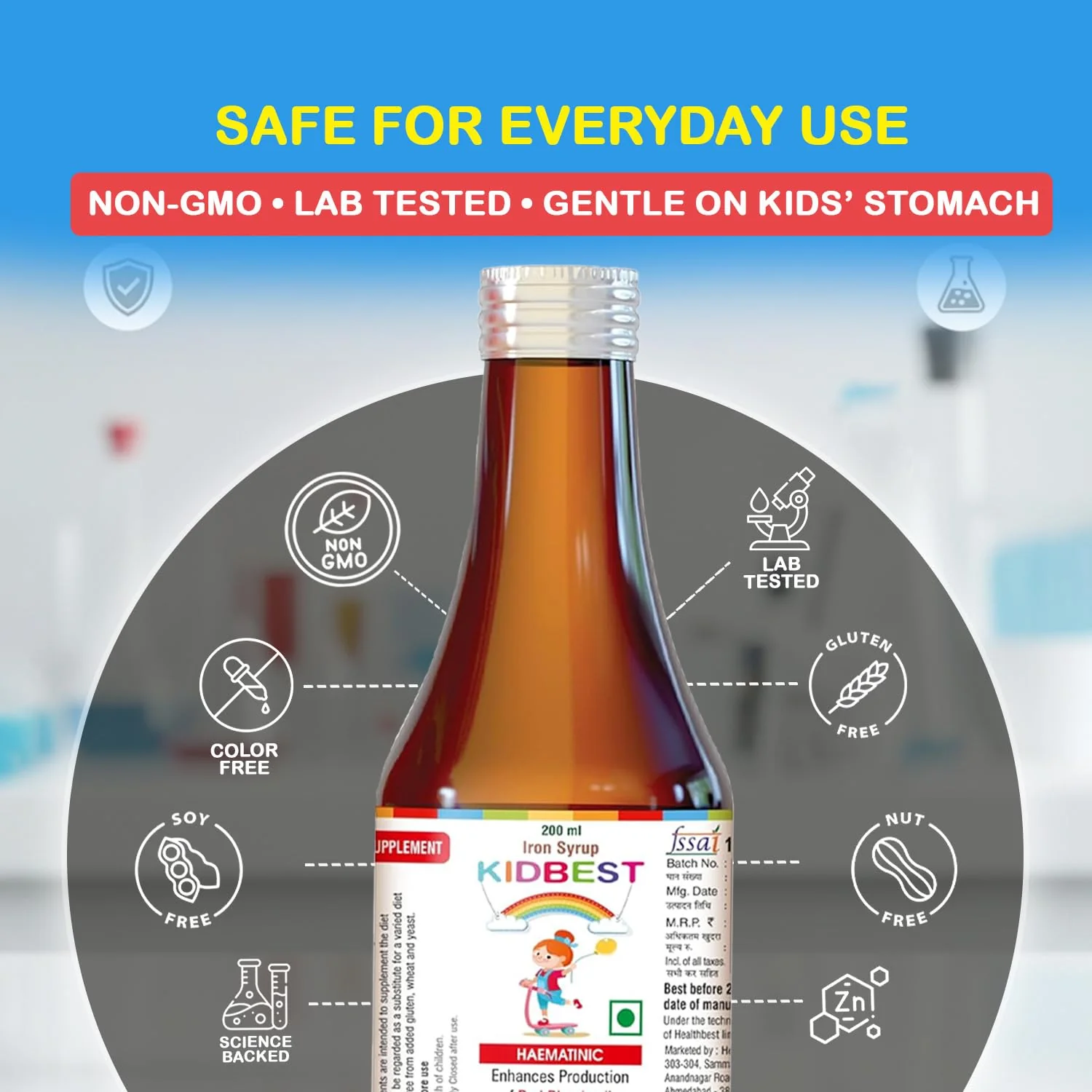 HealthBest Liquid Iron Syrup for Kids – Triple Action with Folic Acid and Zinc – Boosts Hemoglobin, Appetite, and Immunity – No Metallic Taste – 200ml Liquid Supplement, Safe & Effective - Image 3